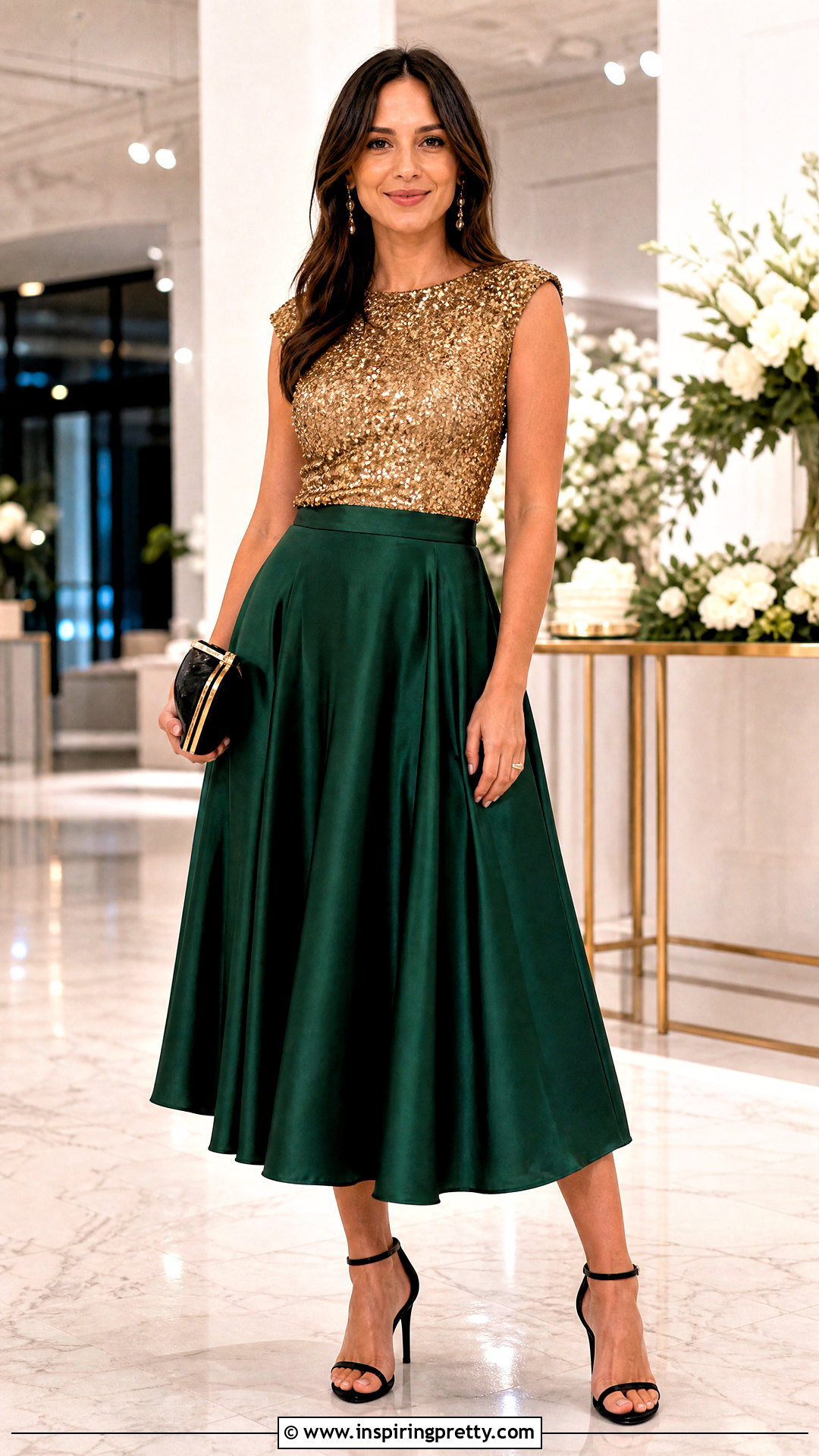 Gold Sequin Top With Satin Midi Skirt - 20 gold sequin top fashion ideas