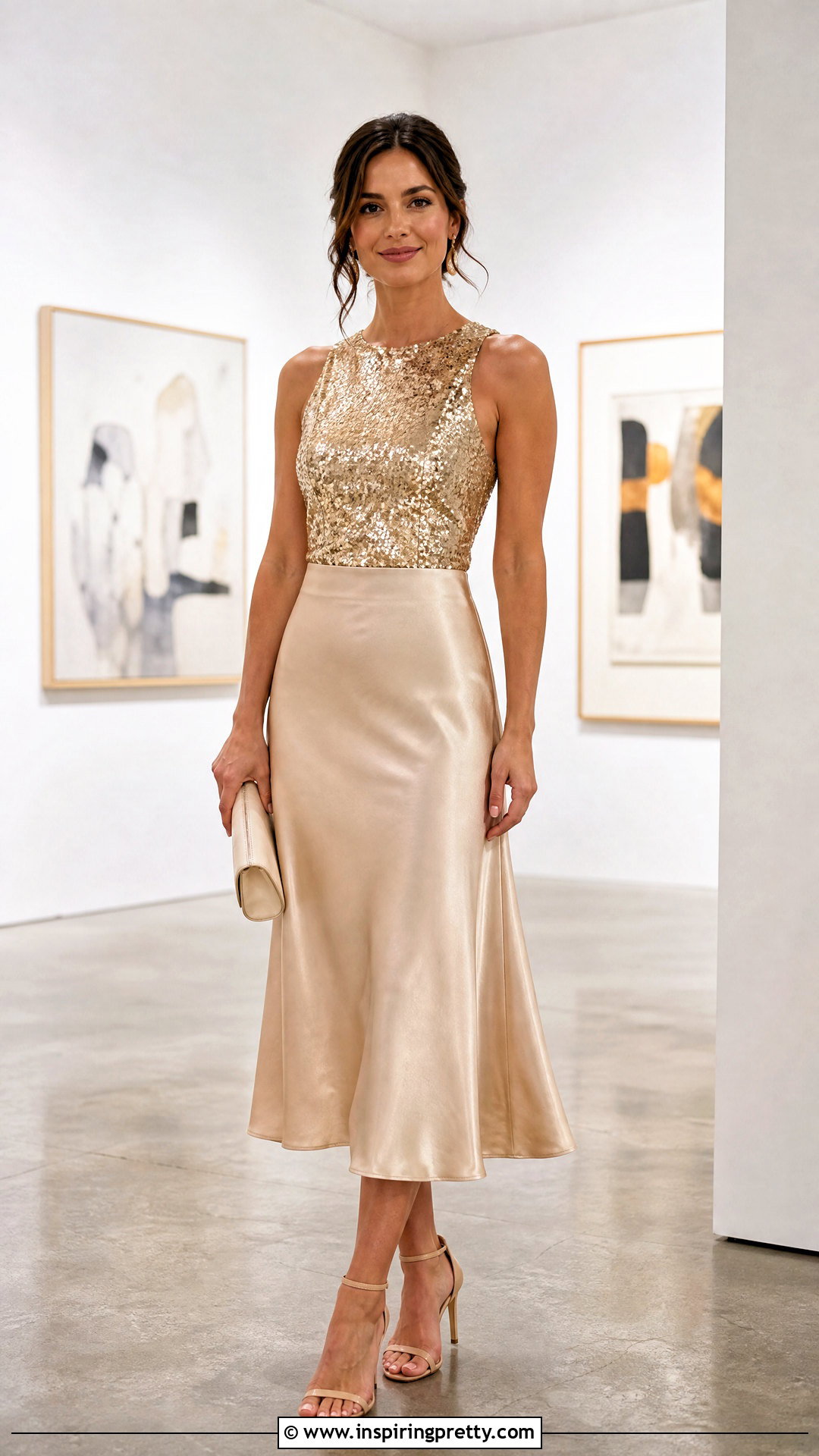 Gold Sequin Top With Satin Midi Skirt - 20 Sparkly Gold Sequin Top outfit ideas