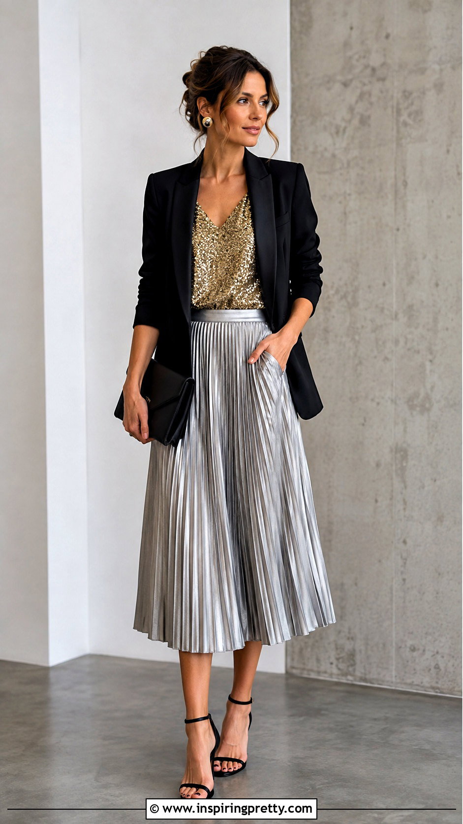 Gold Sequin Top With Silver Pleated Midi Skirt - what to wear with gold sequin top (25 ways)