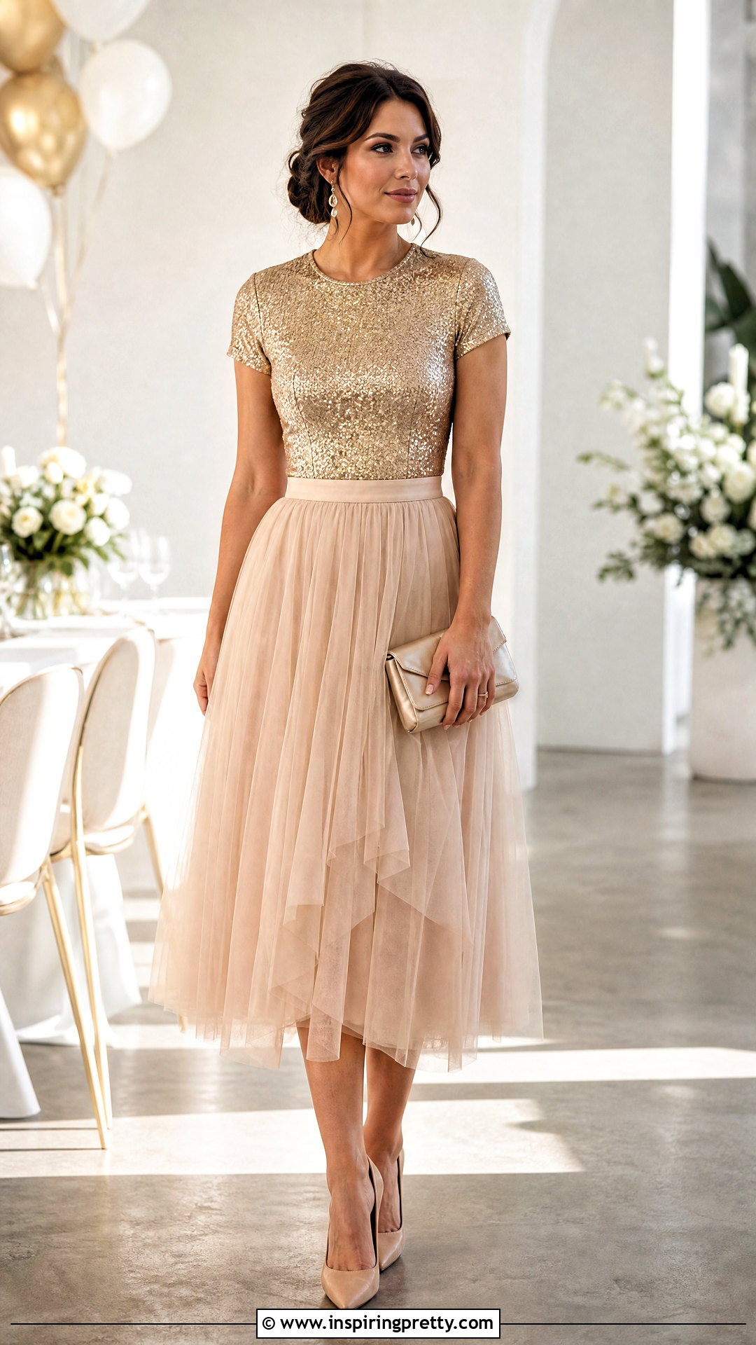 Gold Sequin Top With Tulle Midi Skirt - 25 Gold Sequin Top Outfit Ideas