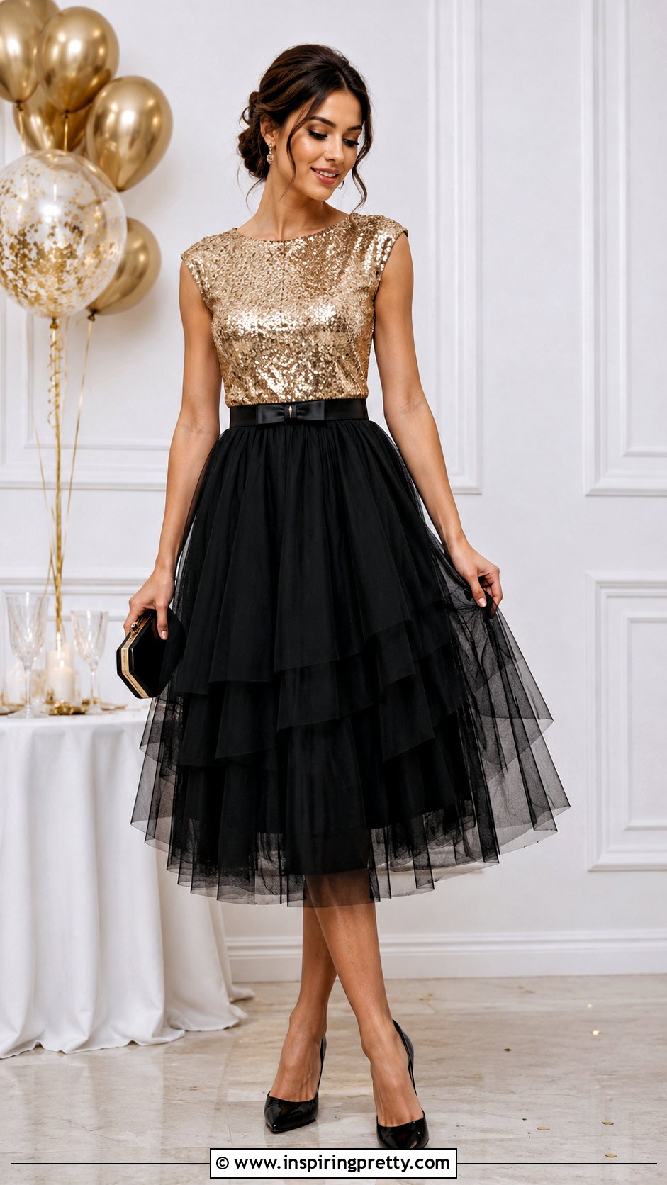 Gold Sequin Top With Tulle Midi Skirt - what to wear with gold sequin top (25 ways)