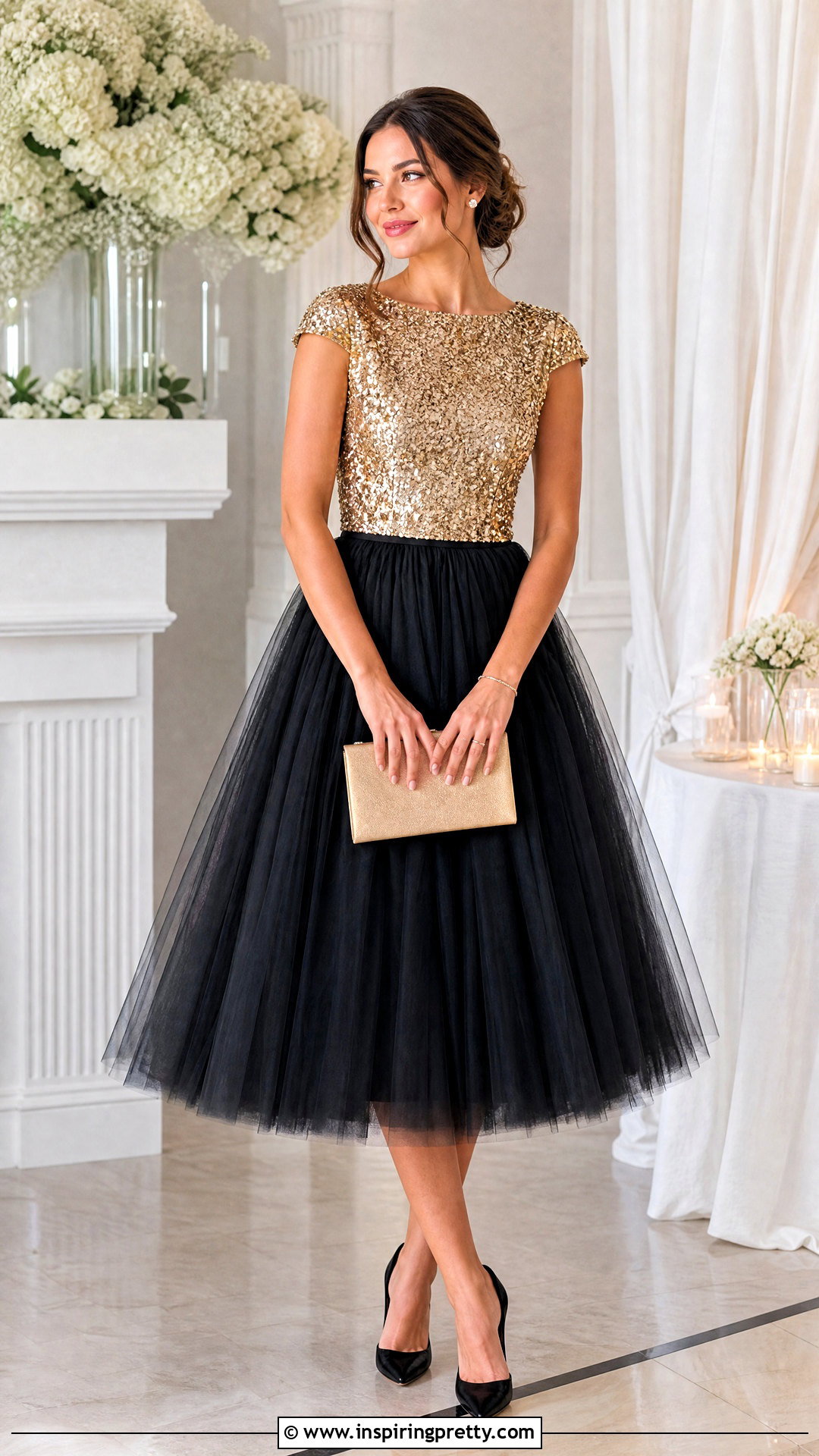 Gold Sequin Top With Tulle Midi Skirt - 20 Sparkly Gold Sequin Top outfit ideas