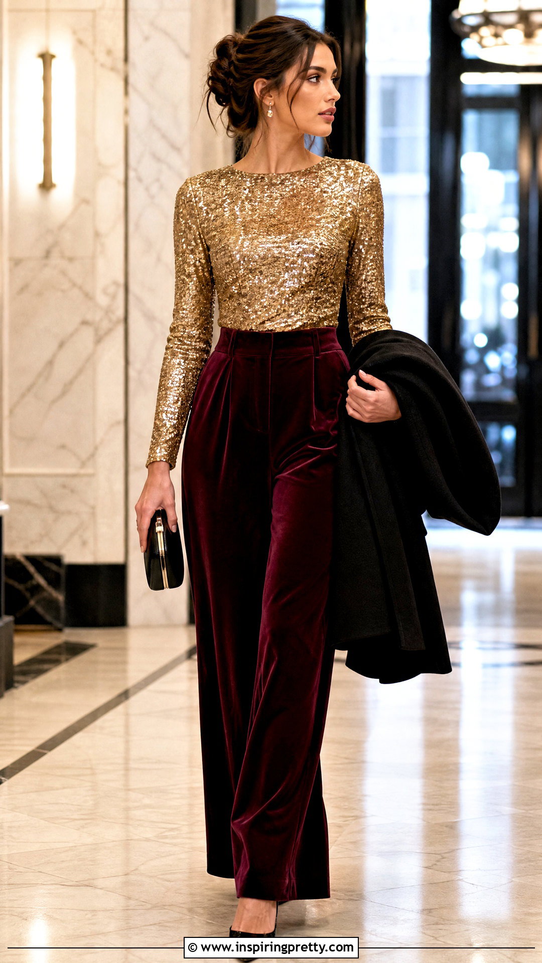 Gold Sequin Top With Velvet Pants - 25 Gold Sequin Top Outfit Ideas