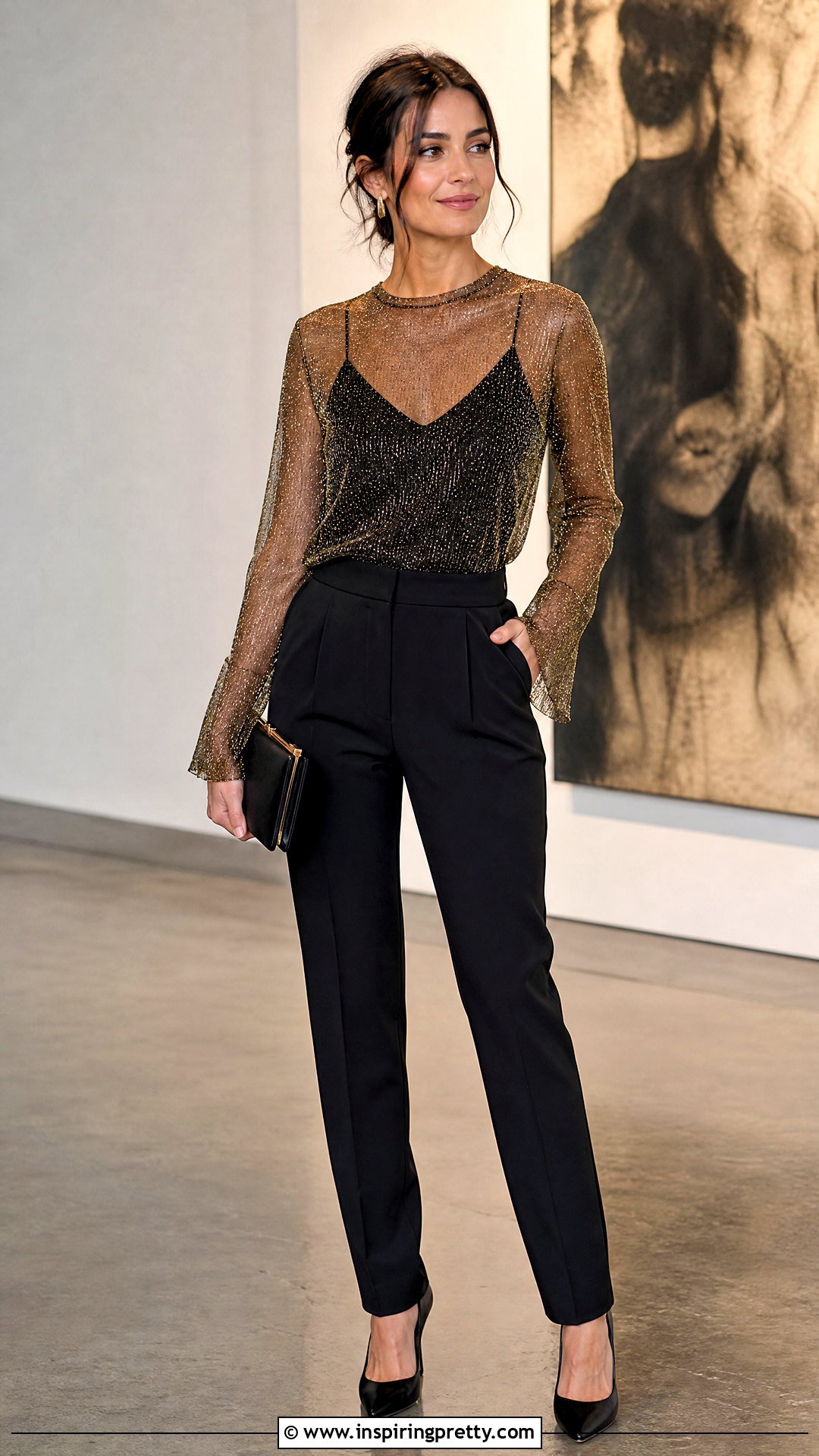 Gold Sheer Top With Black Camisole And Trousers - 50 gold tops designs