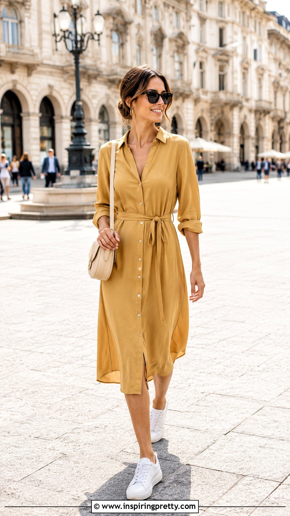 Gold Shirt Dress With White Sneakers - 25 gold dress top outfit ideas