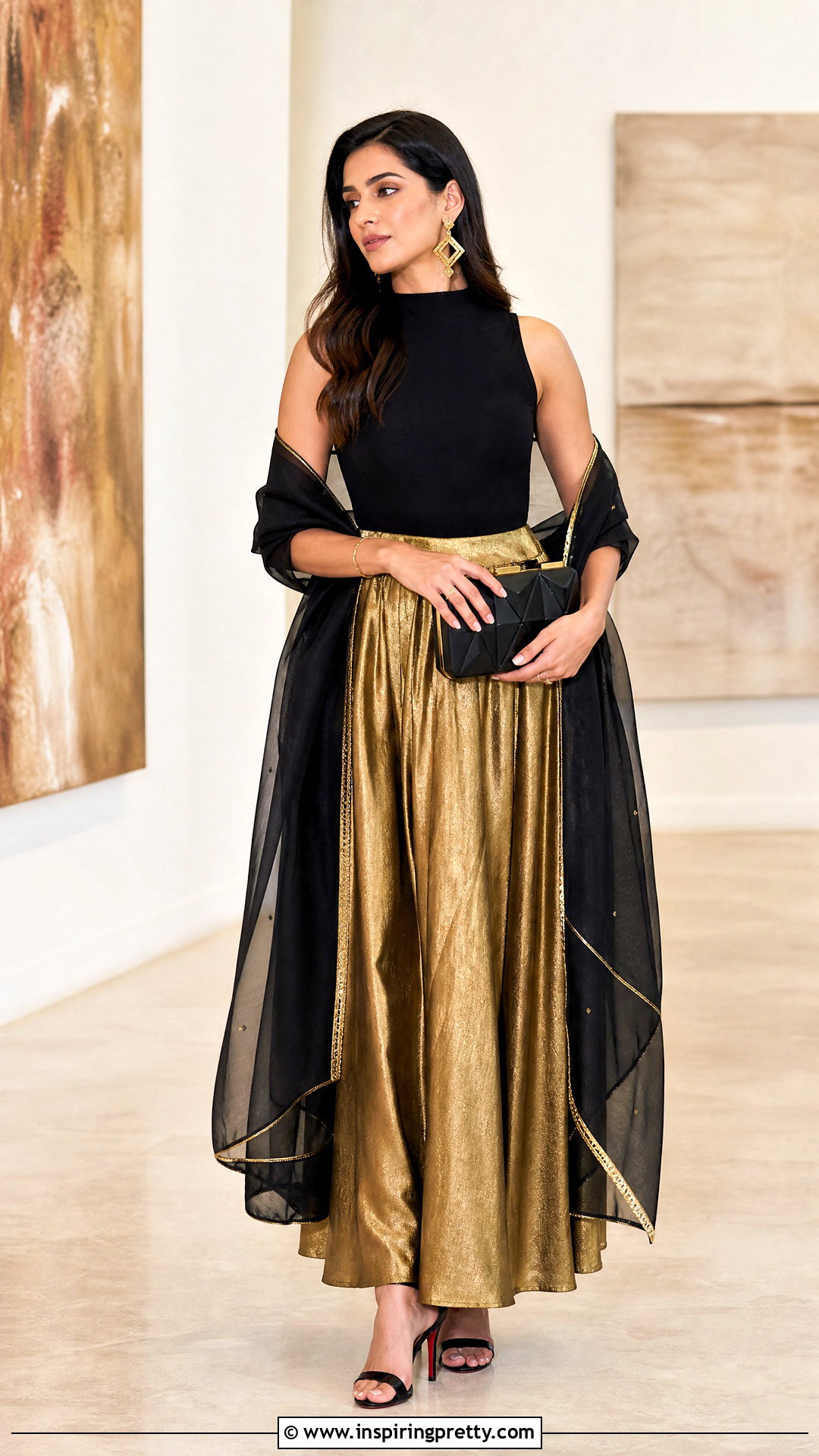 Gold Skirt With Black High Neck Top - 50 skirt top indian outfit ideas