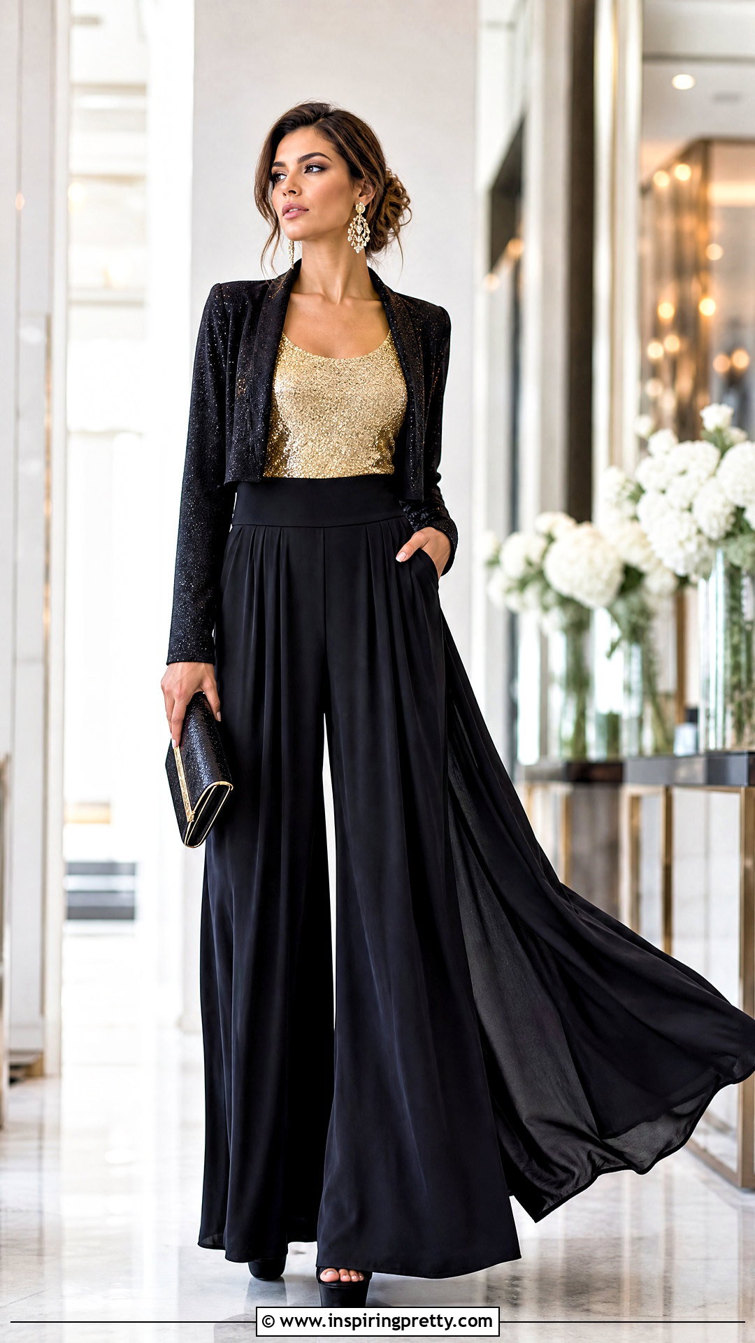 Gold Sparkle Tank Top With Black Palazzo Pants - 20 Gold Sparkle Tank Top outfit ideas