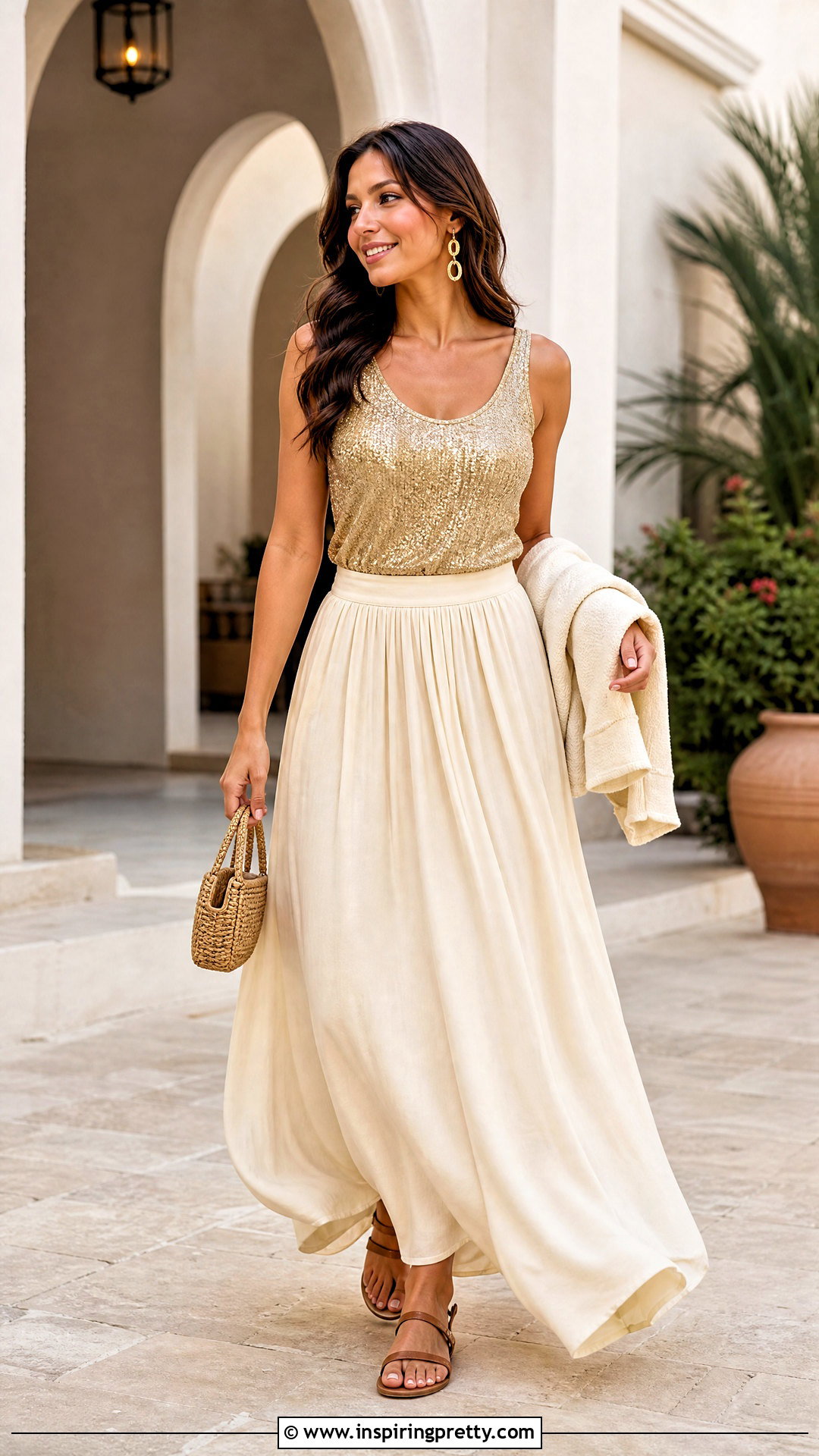 Gold Sparkle Tank Top With Cream Maxi Skirt - 20 Gold Sparkle Tank Top outfit ideas