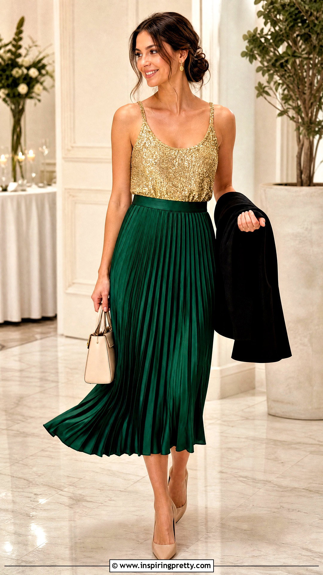 Gold Sparkle Tank Top With Green Pleated Midi Skirt - 20 Gold Sparkle Tank Top outfit ideas