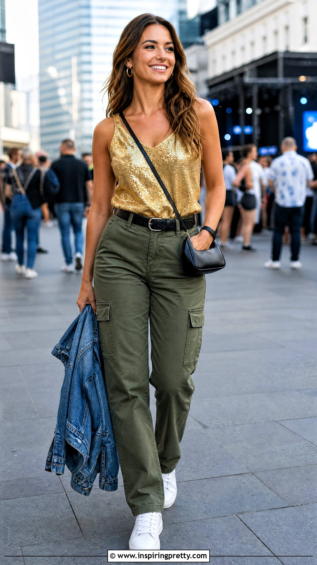 Gold Sparkle Tank Top With Olive Cargo Pants - 20 Gold Sparkle Tank Top outfit ideas