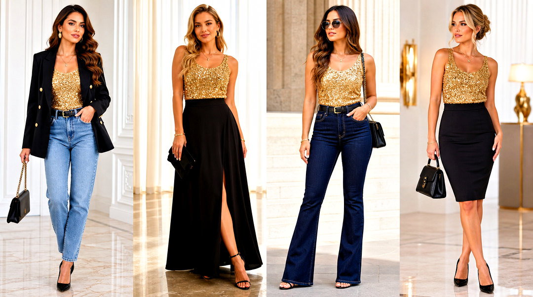 20 Gold Sparkly Tank Top Outfit Ideas for Party Season