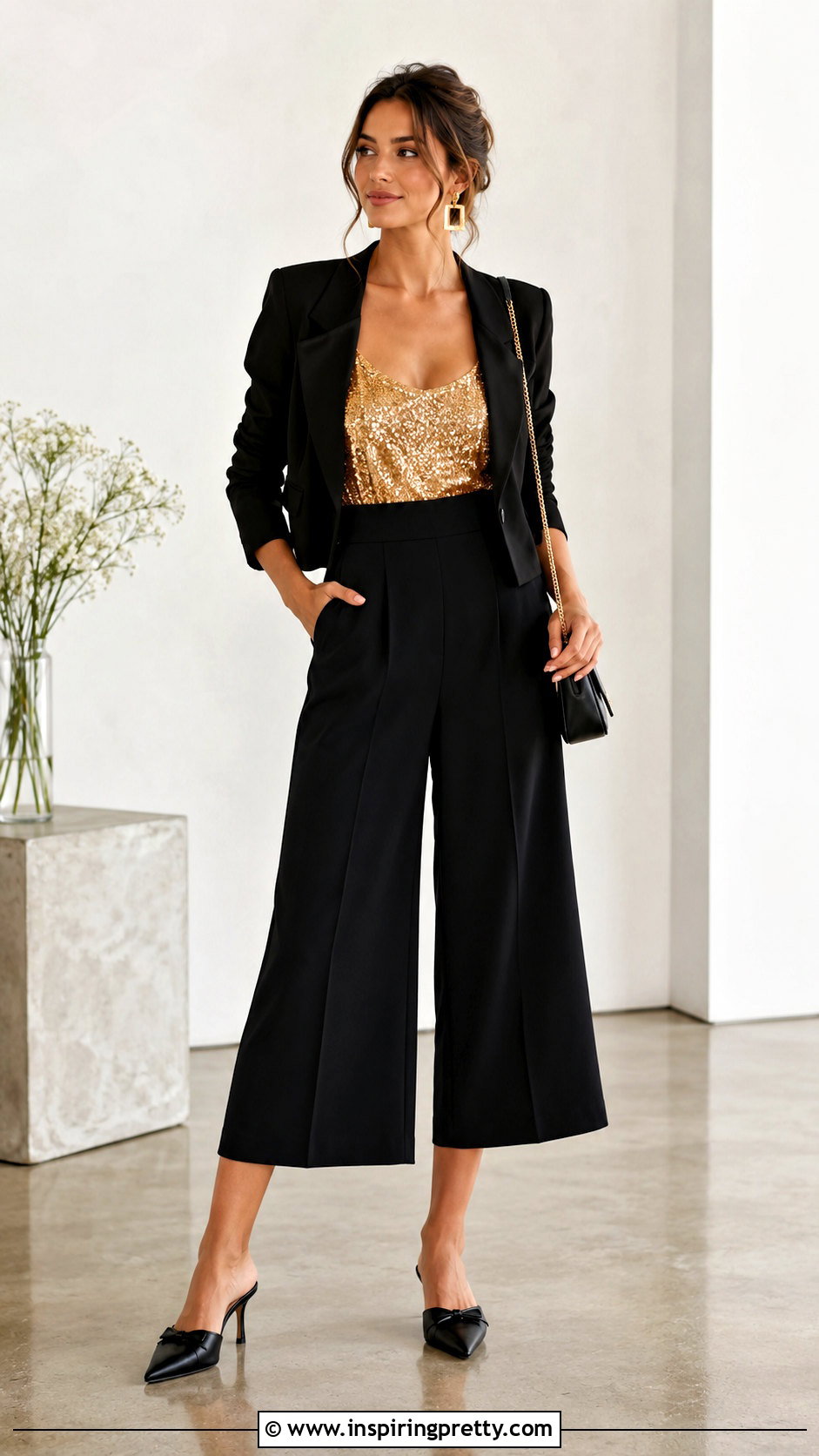 Gold Sparkly Tank Top With Black Culottes - 20 Gold Sparkly Tank Top outfit ideas
