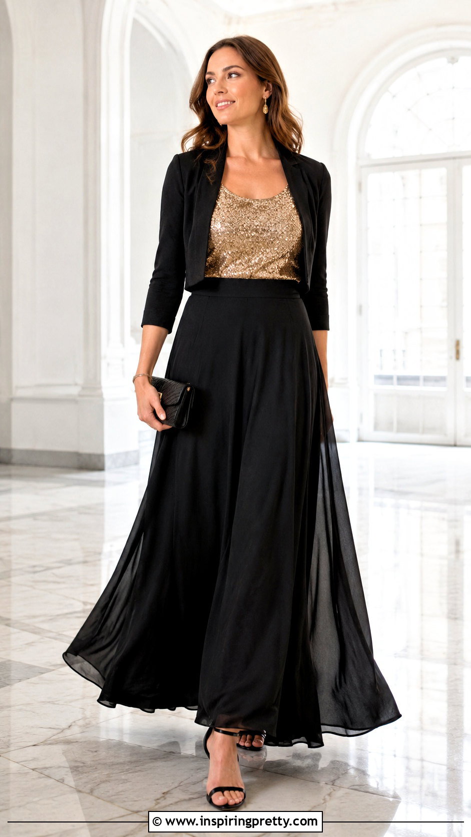 Gold Sparkly Tank Top With Black Maxi Skirt - 20 Gold Sparkly Tank Top outfit ideas