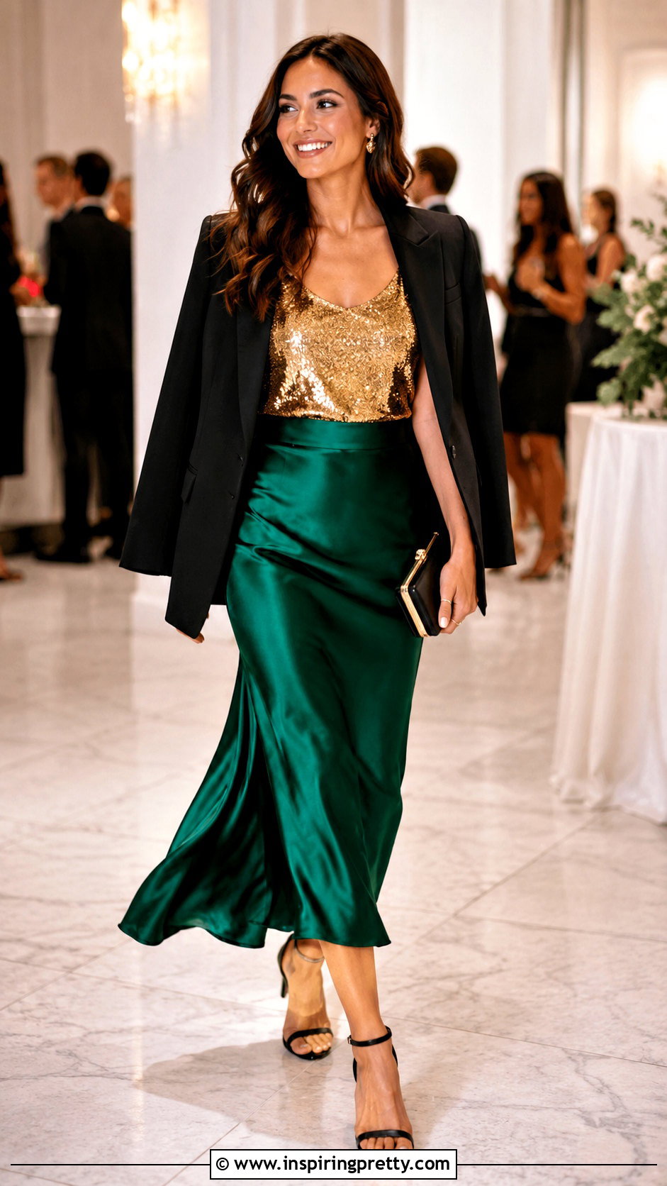 Gold Sparkly Tank Top With Emerald Midi Skirt - 20 Gold Sparkly Tank Top outfit ideas