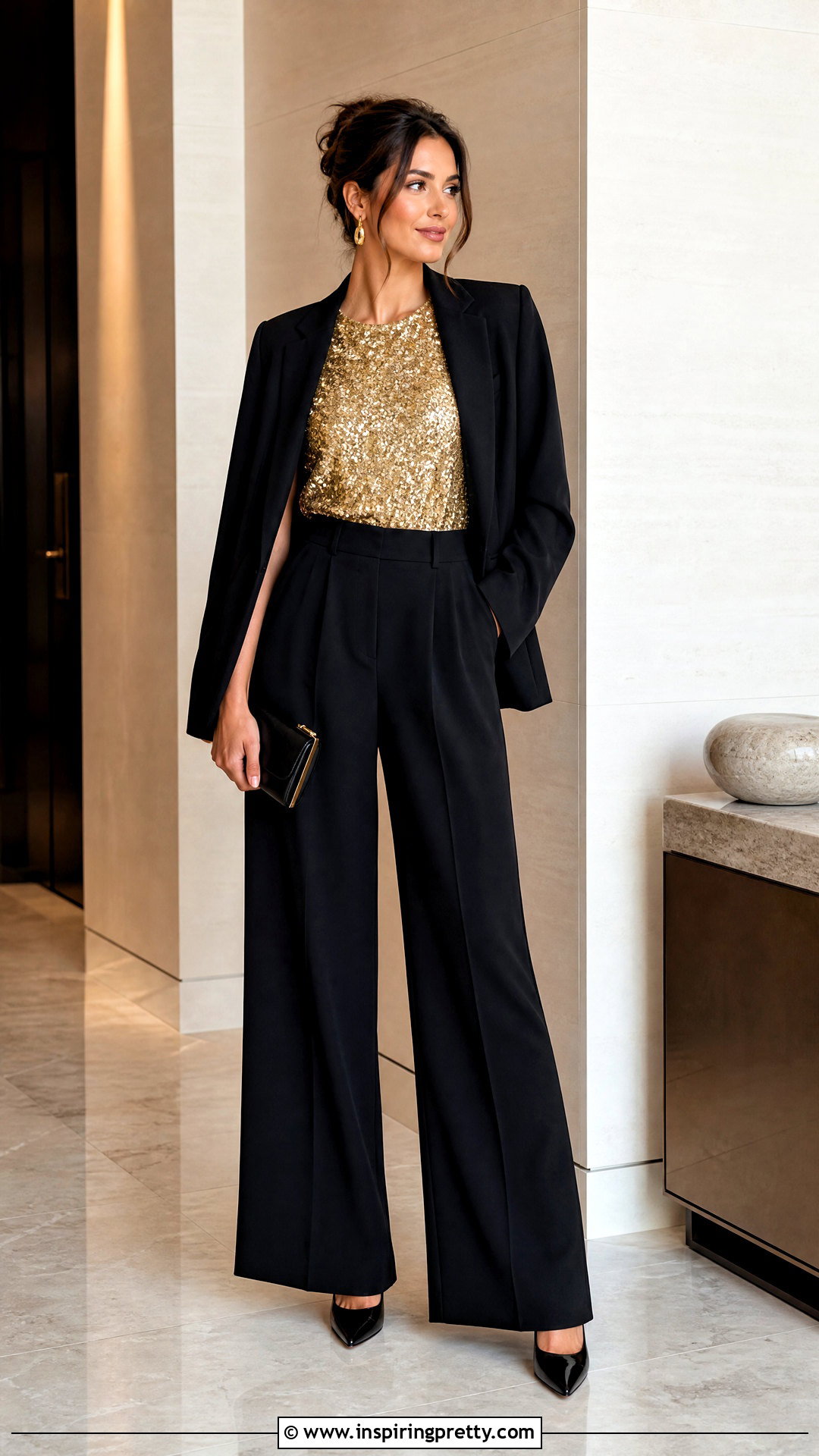 Gold Sparkly Top With Black Pants - 50 sparkly top outfit ideas