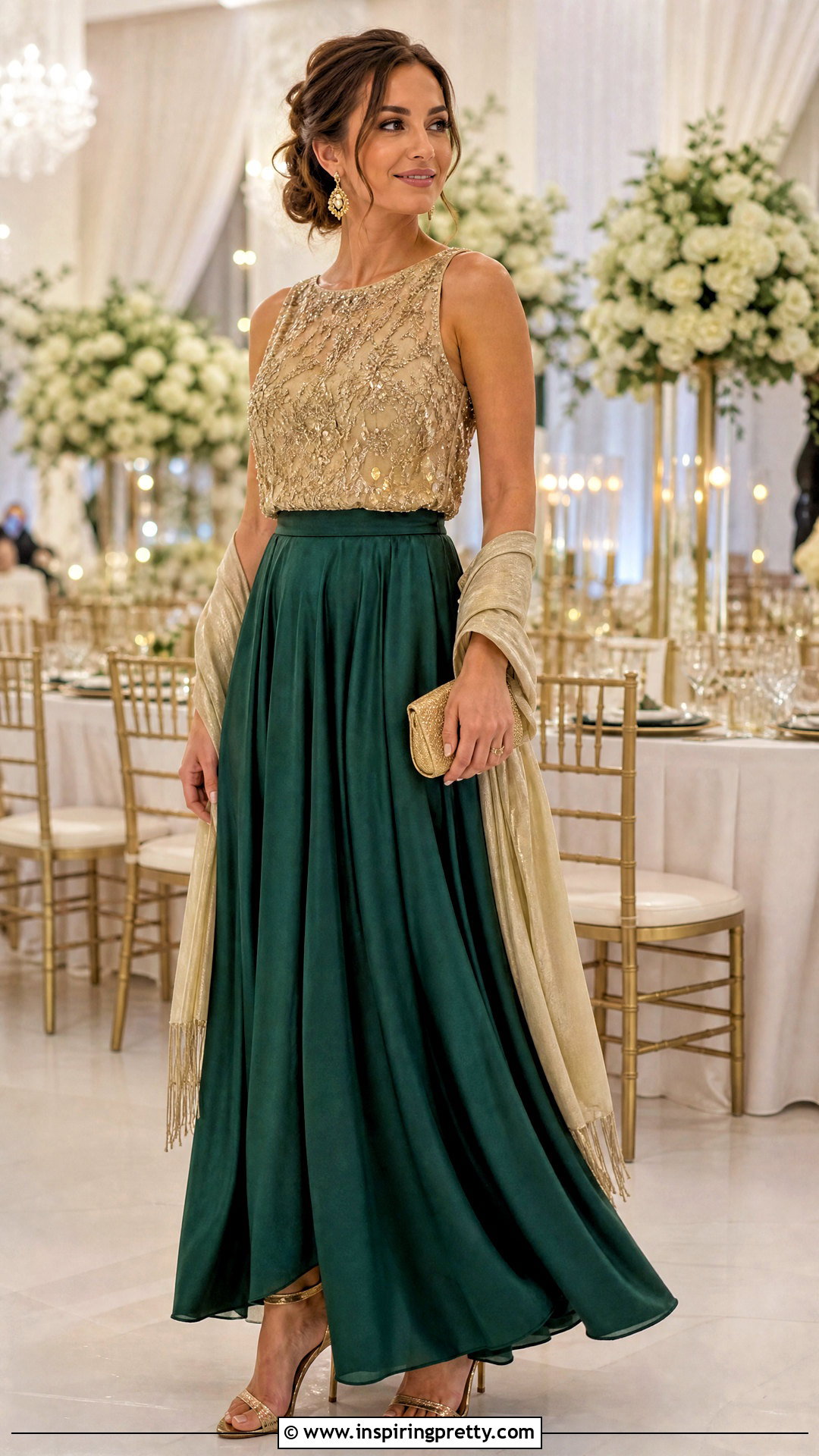 Gold Top Wedding Guest Outfit With Maxi Skirt - 50 gold top outfit ideas