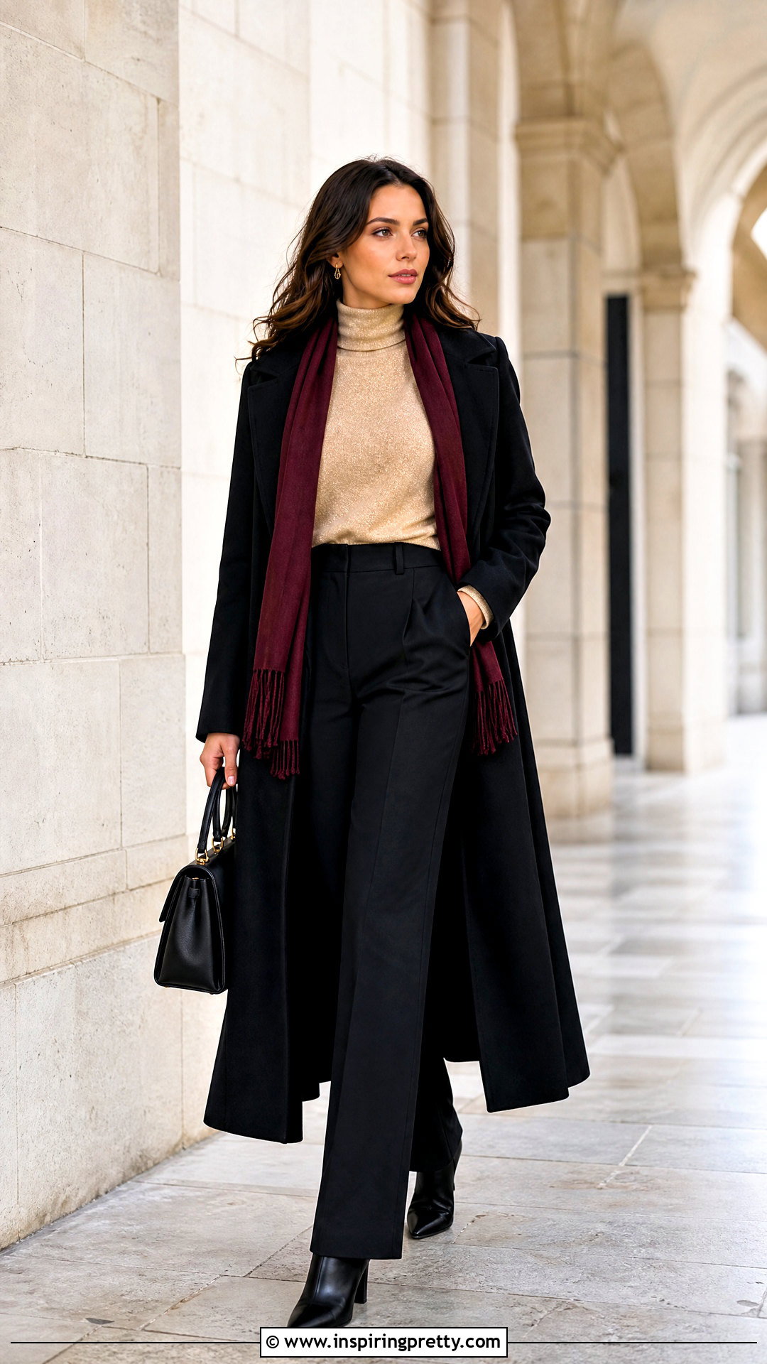 Gold Top Winter Outfit With Black Coat - 50 gold top outfit ideas