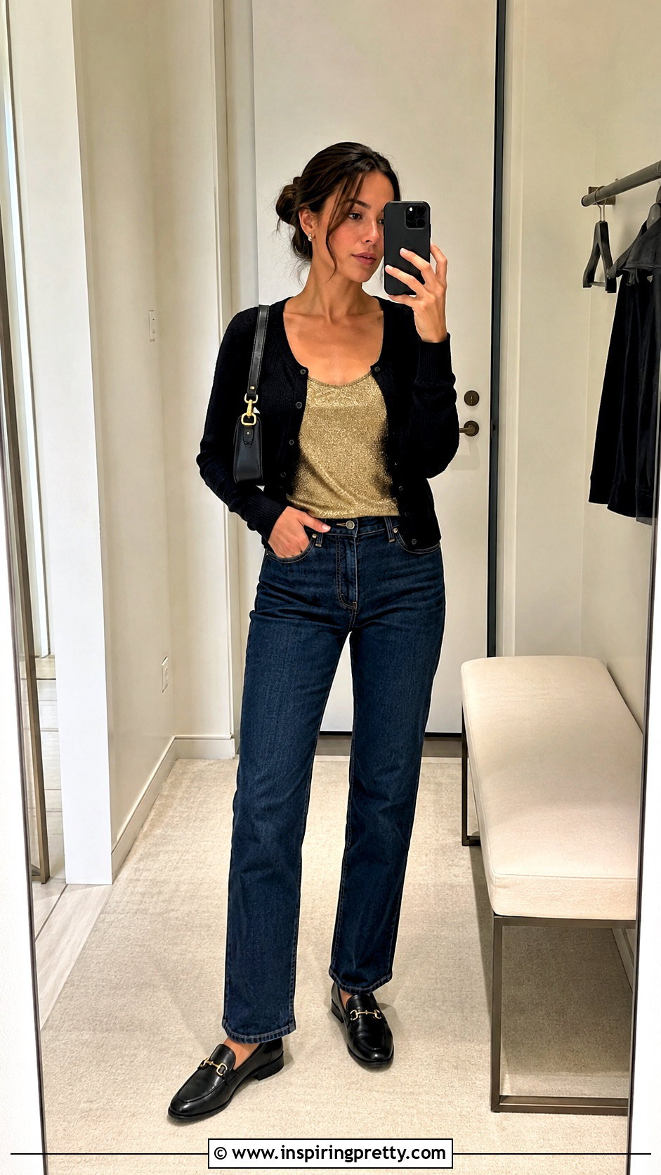 Gold Top With Black Cardigan And Jeans - 50 gold tops outfit ideas