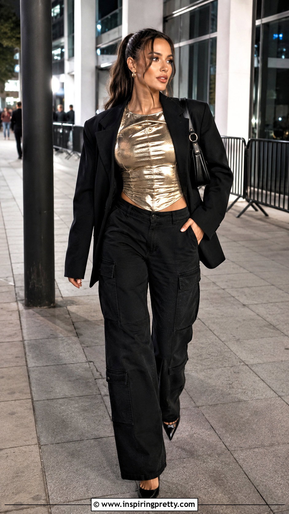 Gold Top With Black Cargo Pants - 50 gold tops outfit ideas