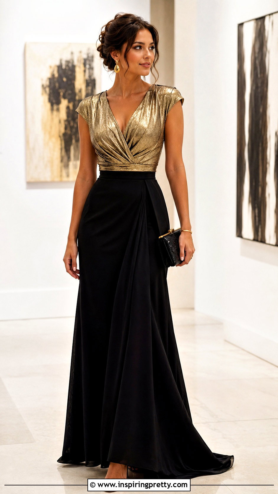 Gold Top With Black Maxi Skirt - 50 gold tops outfit ideas