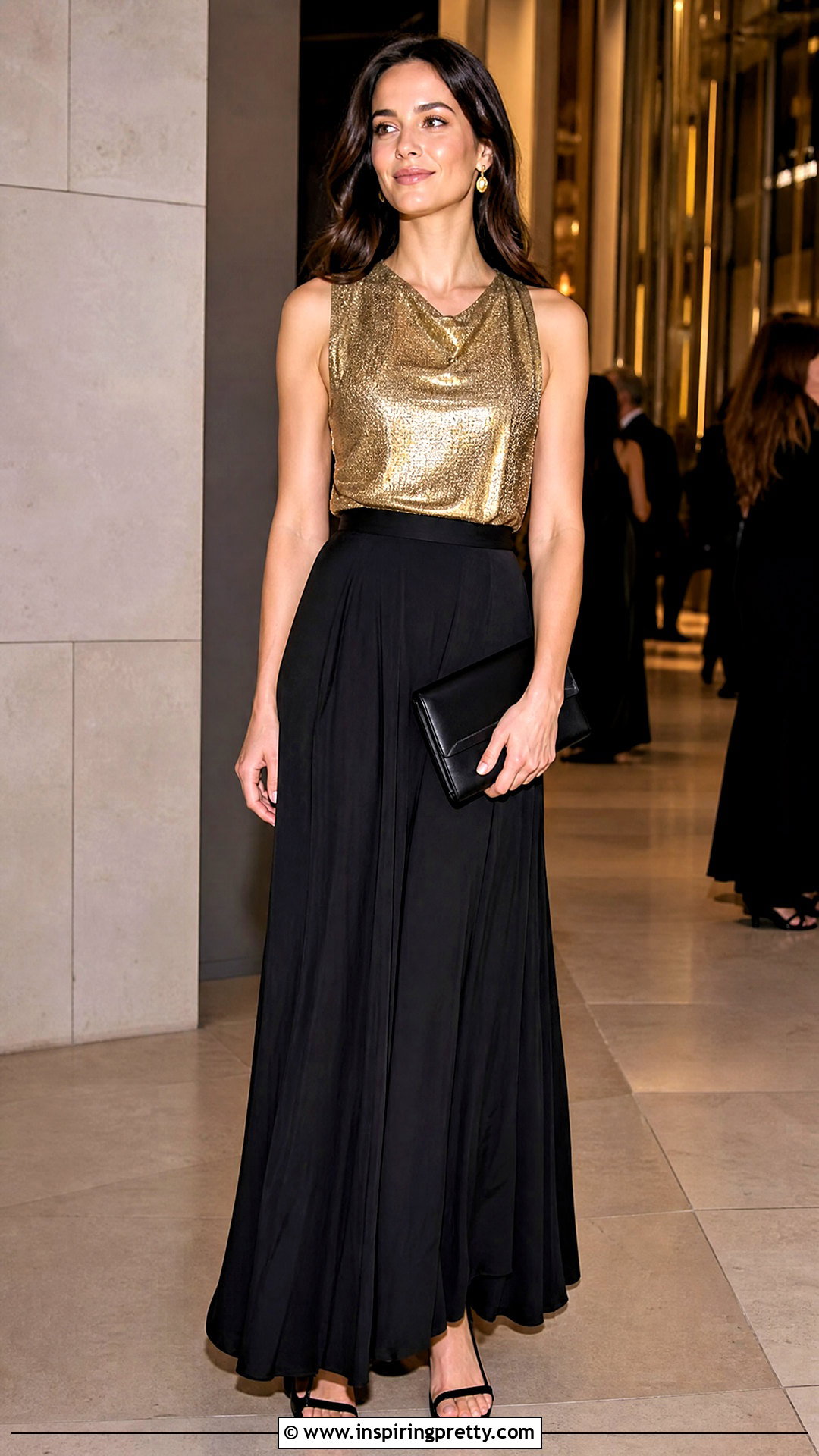 Gold Top With Black Maxi Skirt - 50 fancy top outfit ideas