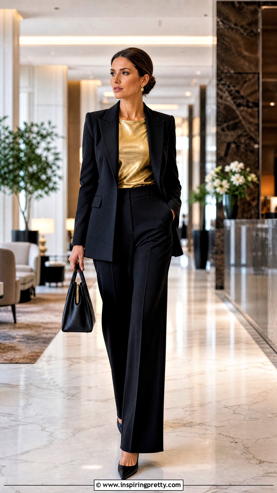 Gold Top With Black Suit - 50 gold top outfit ideas