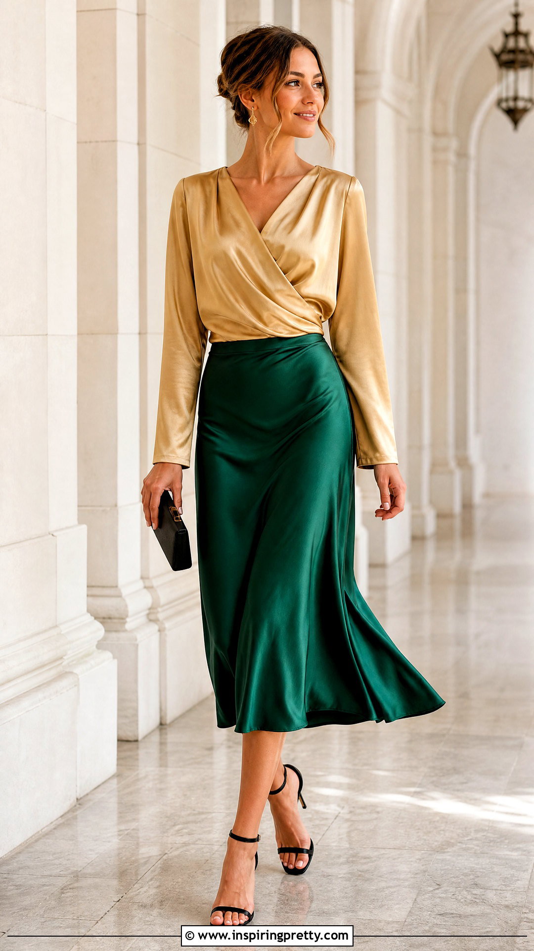 Gold Top With Emerald Green Skirt - how to style gold tops (20 ways)