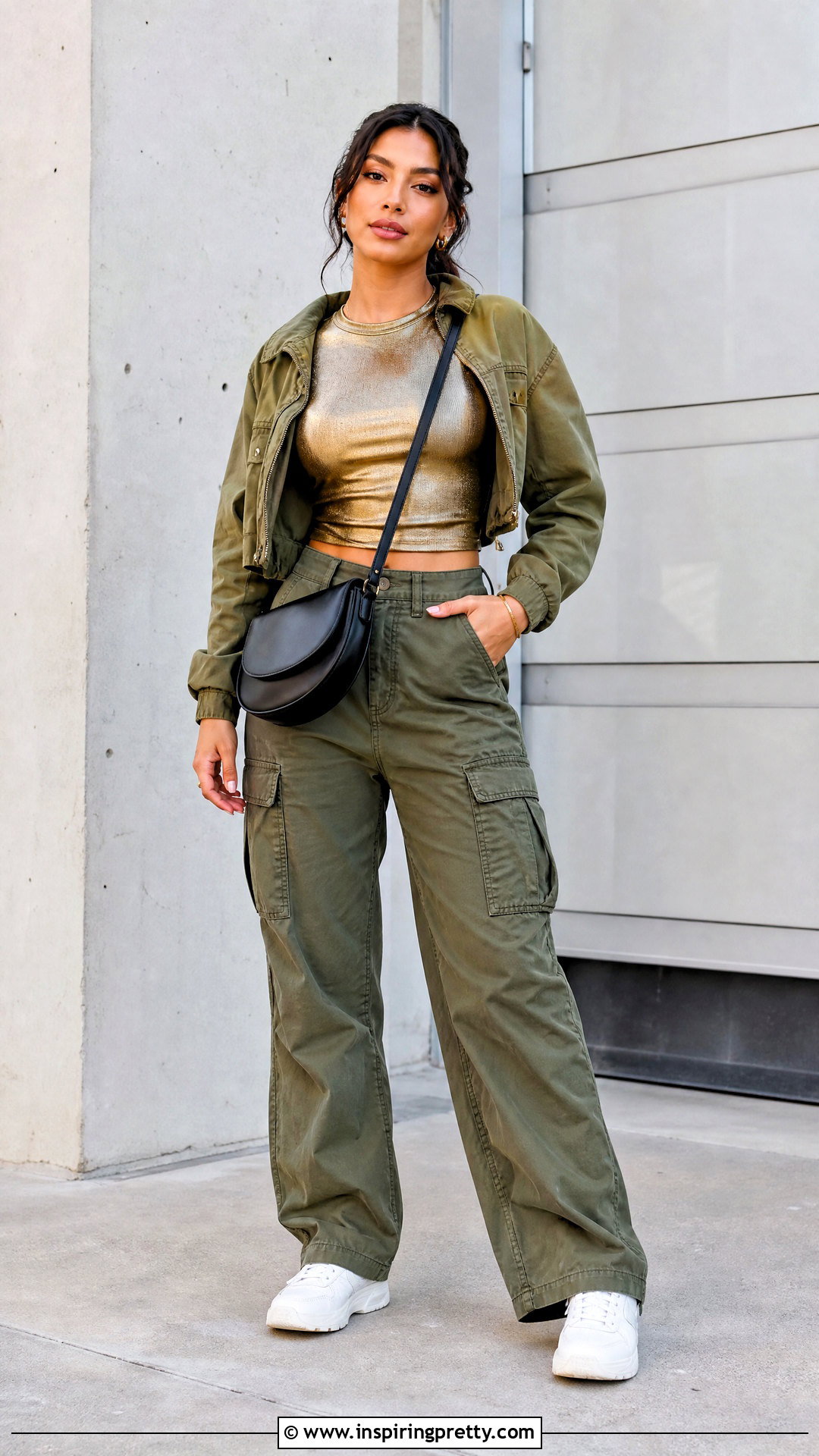 Gold Top With Olive Cargo Pants - 50 gold top outfit ideas
