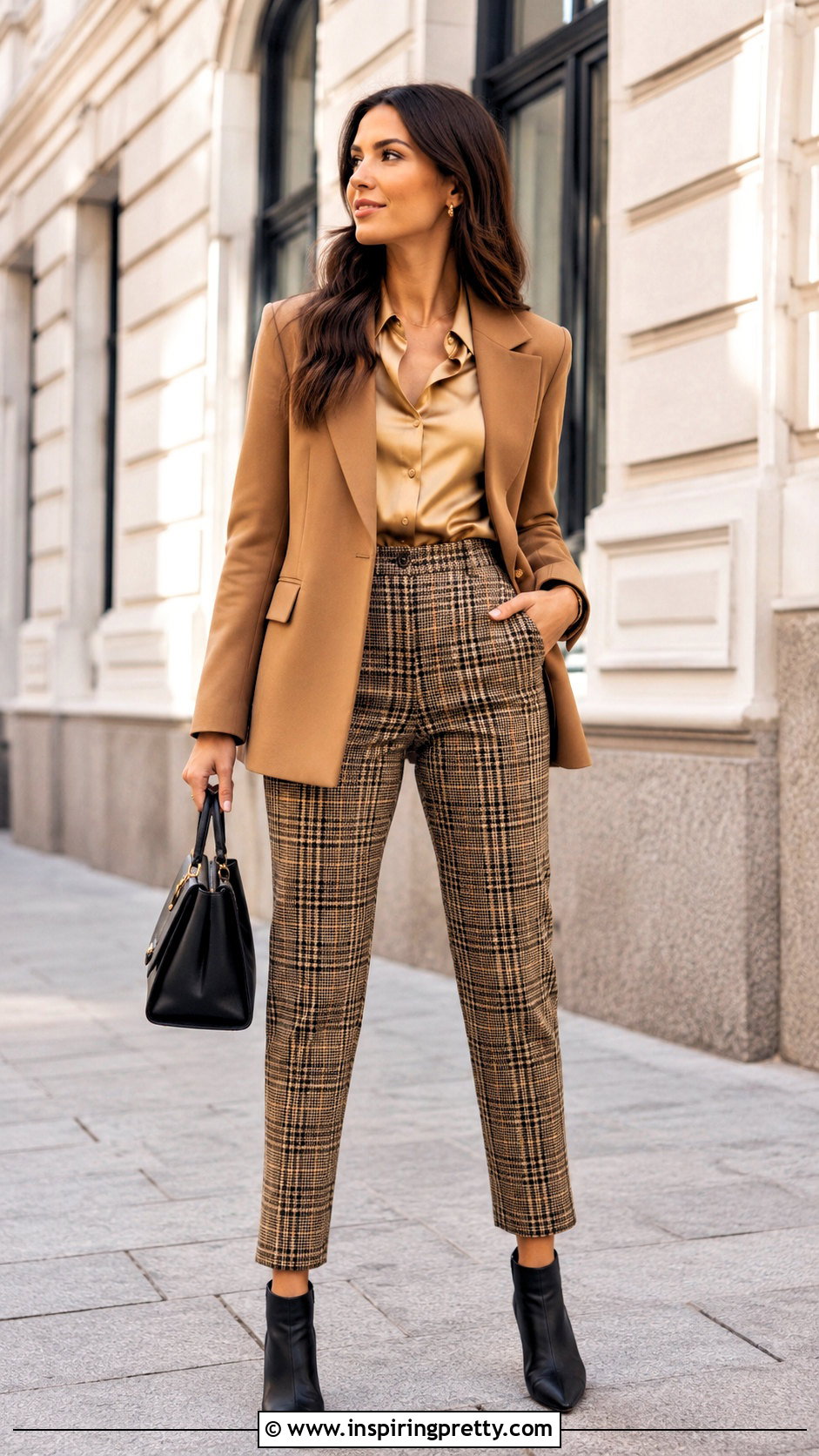 Gold Top With Plaid Trousers - 50 gold tops outfit ideas