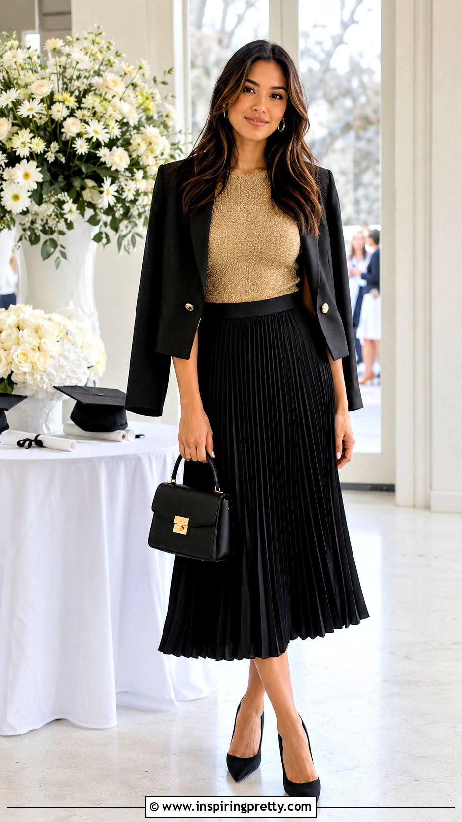 Gold Top With Pleated Midi Skirt - 50 gold tops outfit ideas