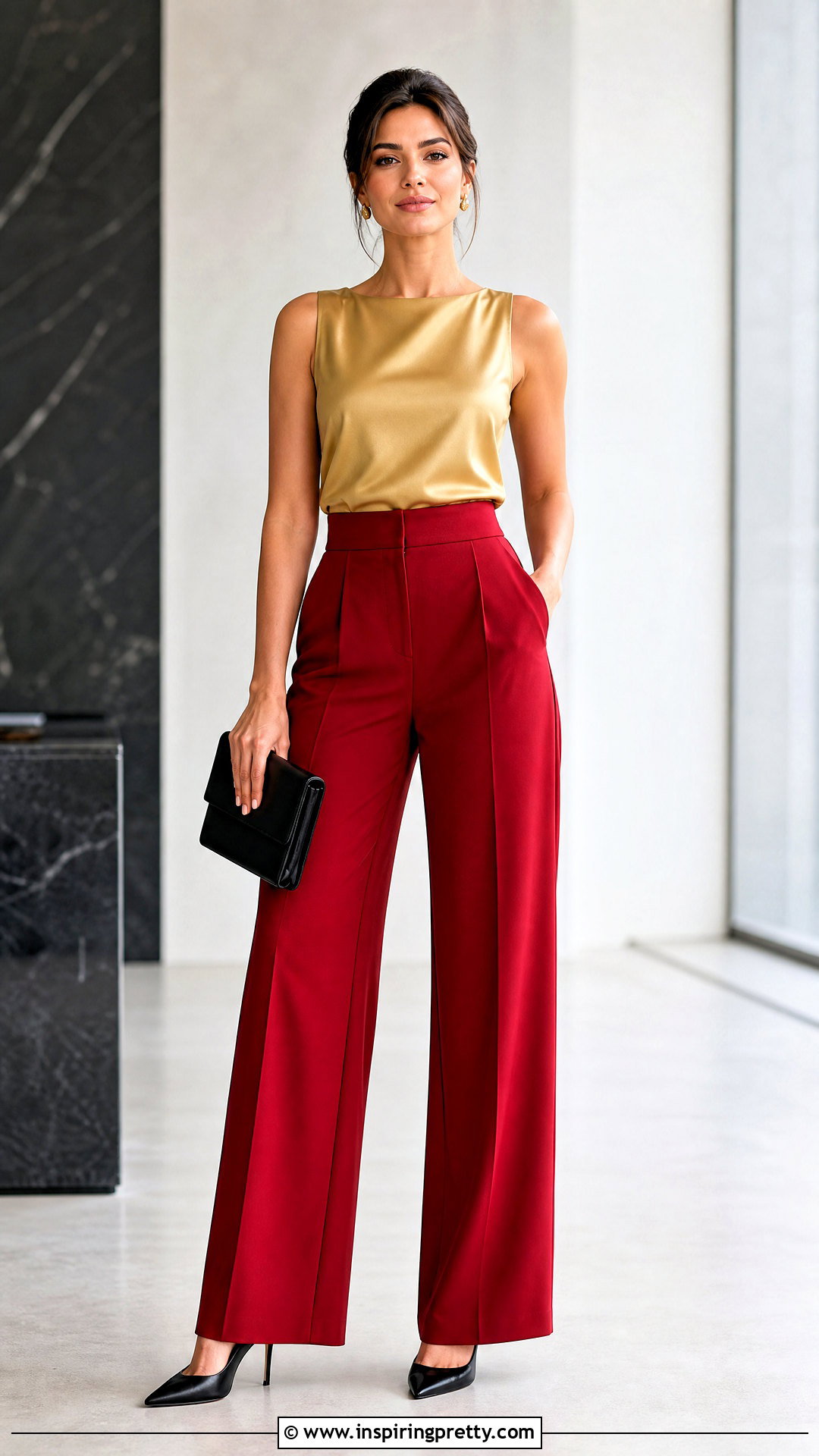 Gold Top With Red Pants - 50 gold top outfit ideas