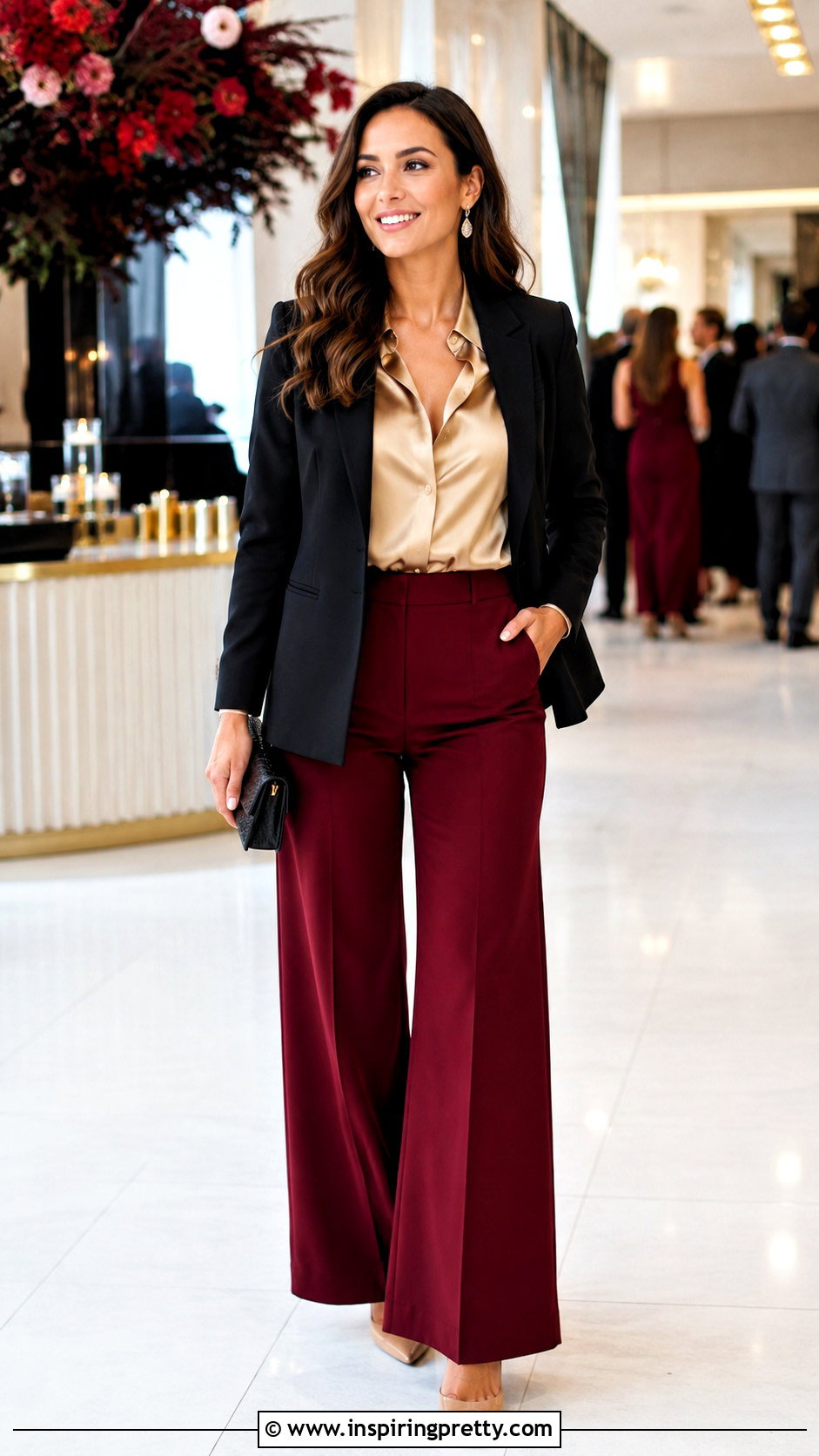 Gold Top With Red Trousers - 50 gold tops outfit ideas