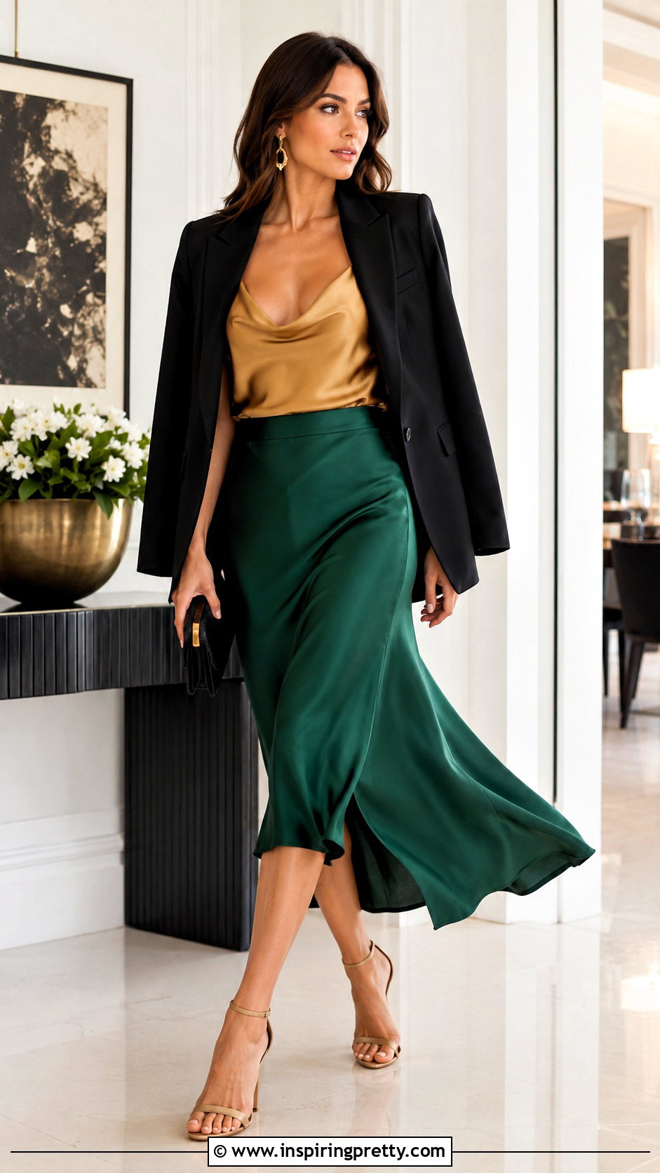 Gold Top With Satin Midi Skirt - 50 gold tops outfit ideas