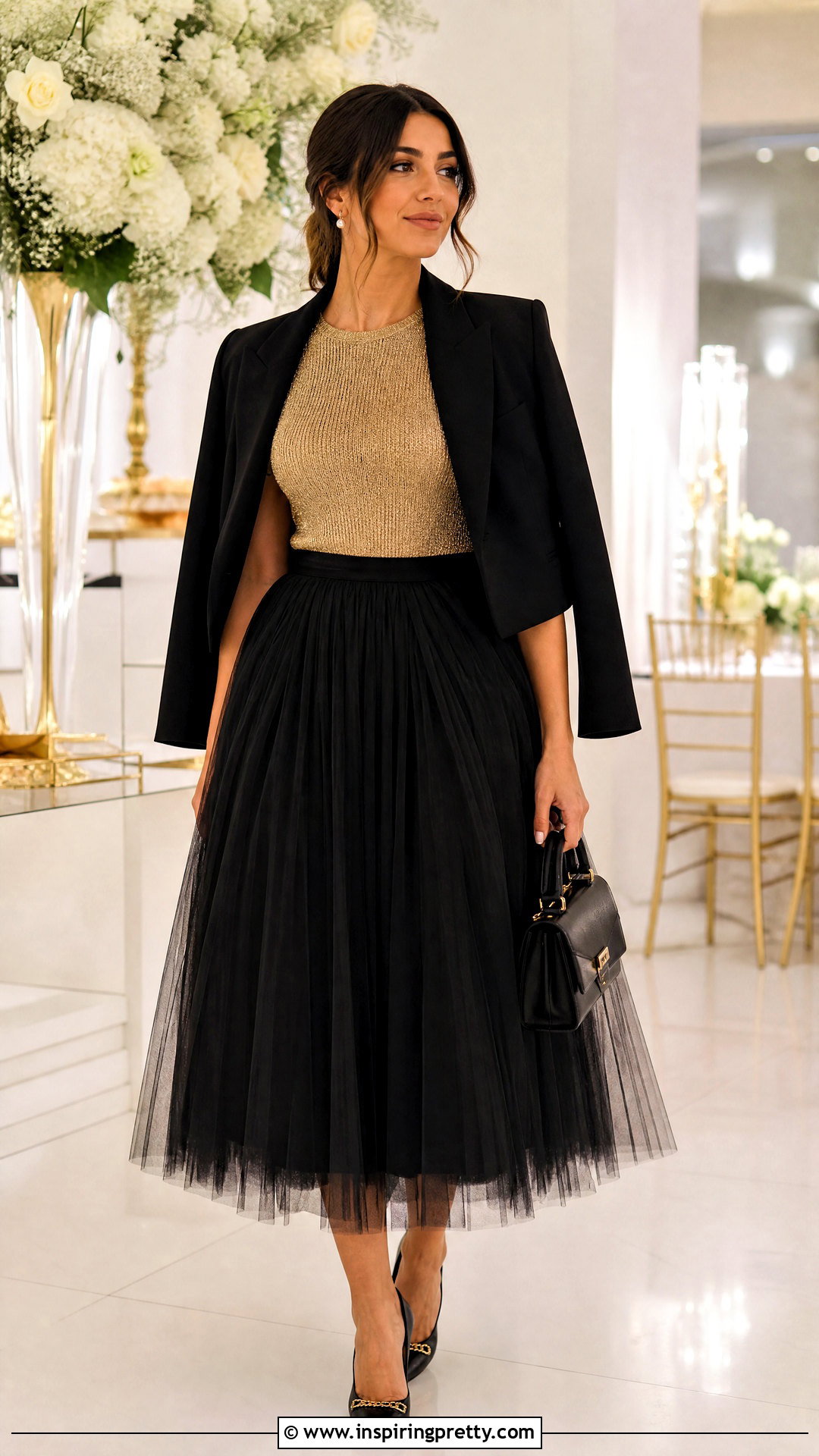 Gold Top With Tulle Midi Skirt - 50 gold top outfit ideas