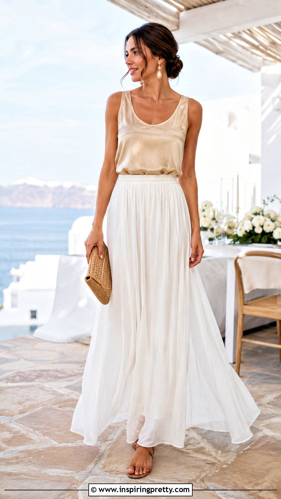 Gold Top With White Maxi Skirt - 50 gold tops outfit ideas