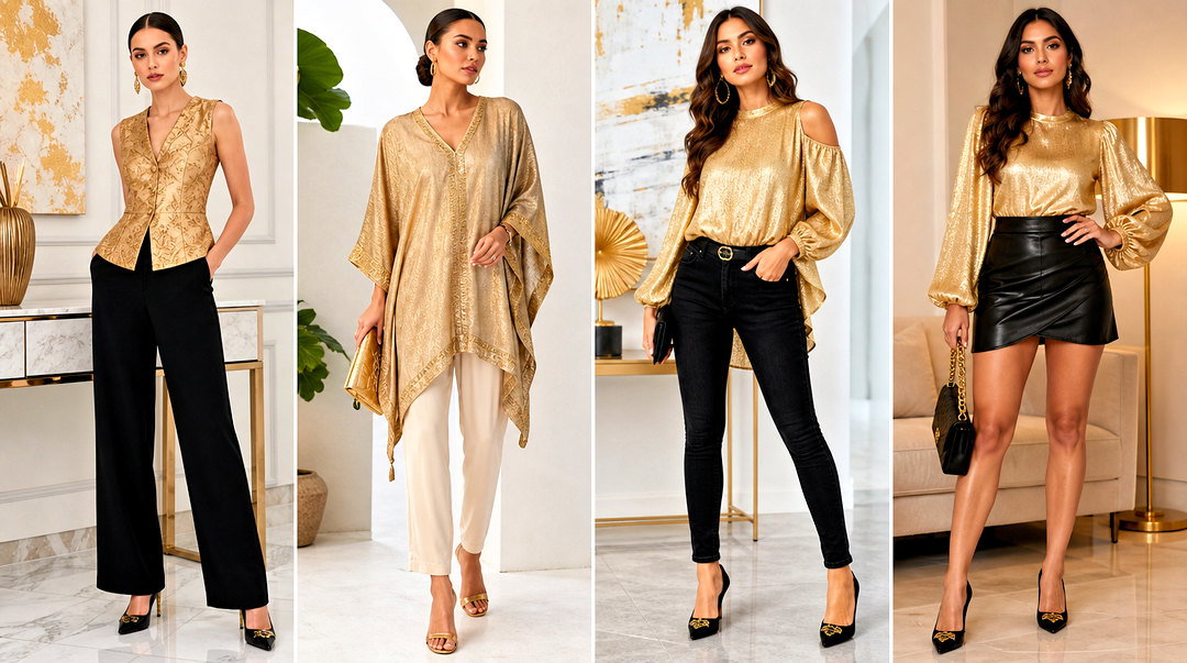 50 Gold Tops Designs for Glamorous Party and Evening Style