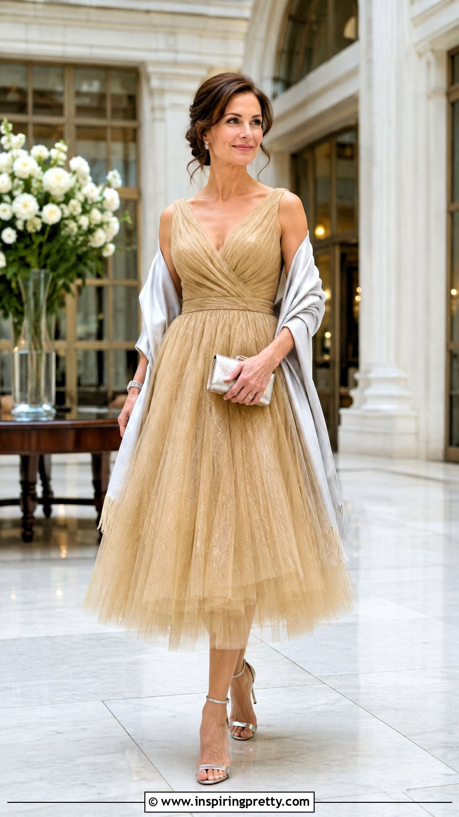 Gold Tulle Dress With Silver Accessories - 25 gold dress top outfit ideas