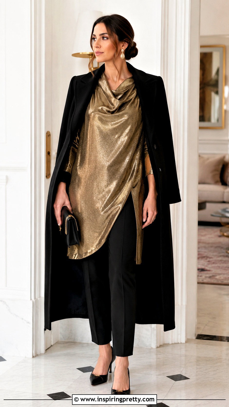 Gold Tunic Top With Slim Pants - 50 gold tops outfit ideas