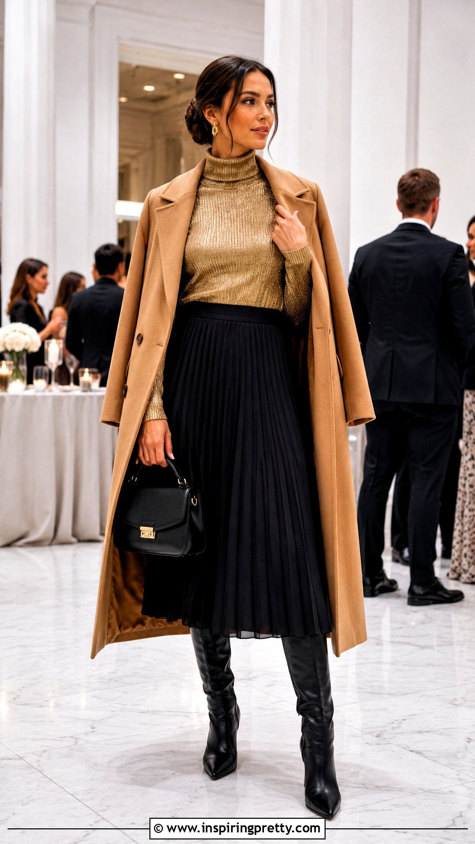 Gold Turtleneck With Black Midi Skirt - 50 gold tops outfit ideas