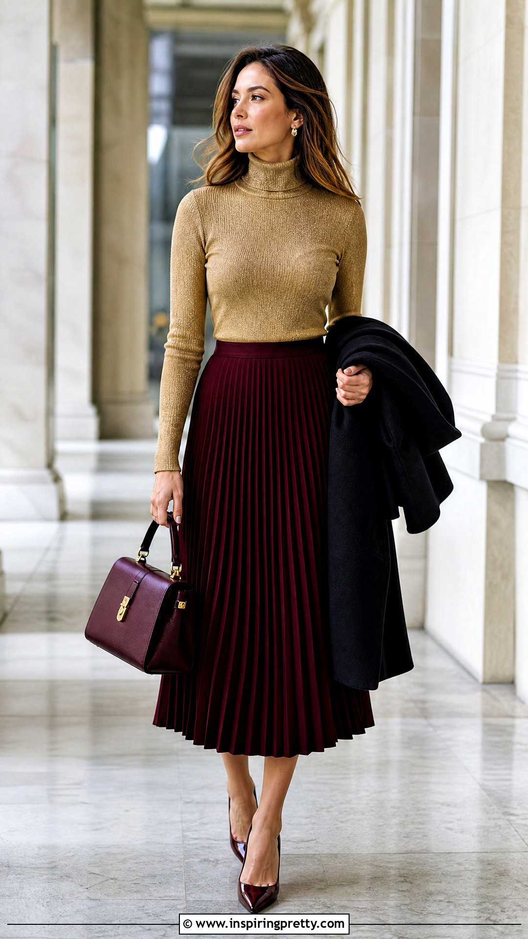 Gold Turtleneck With Burgundy Skirt - 50 gold top outfit ideas