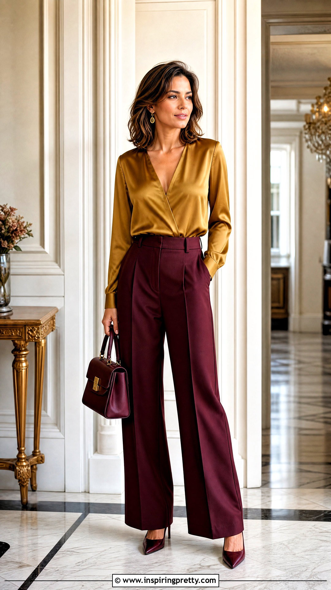 Gold V Neck Top With Burgundy Trousers - 50 gold tops designs