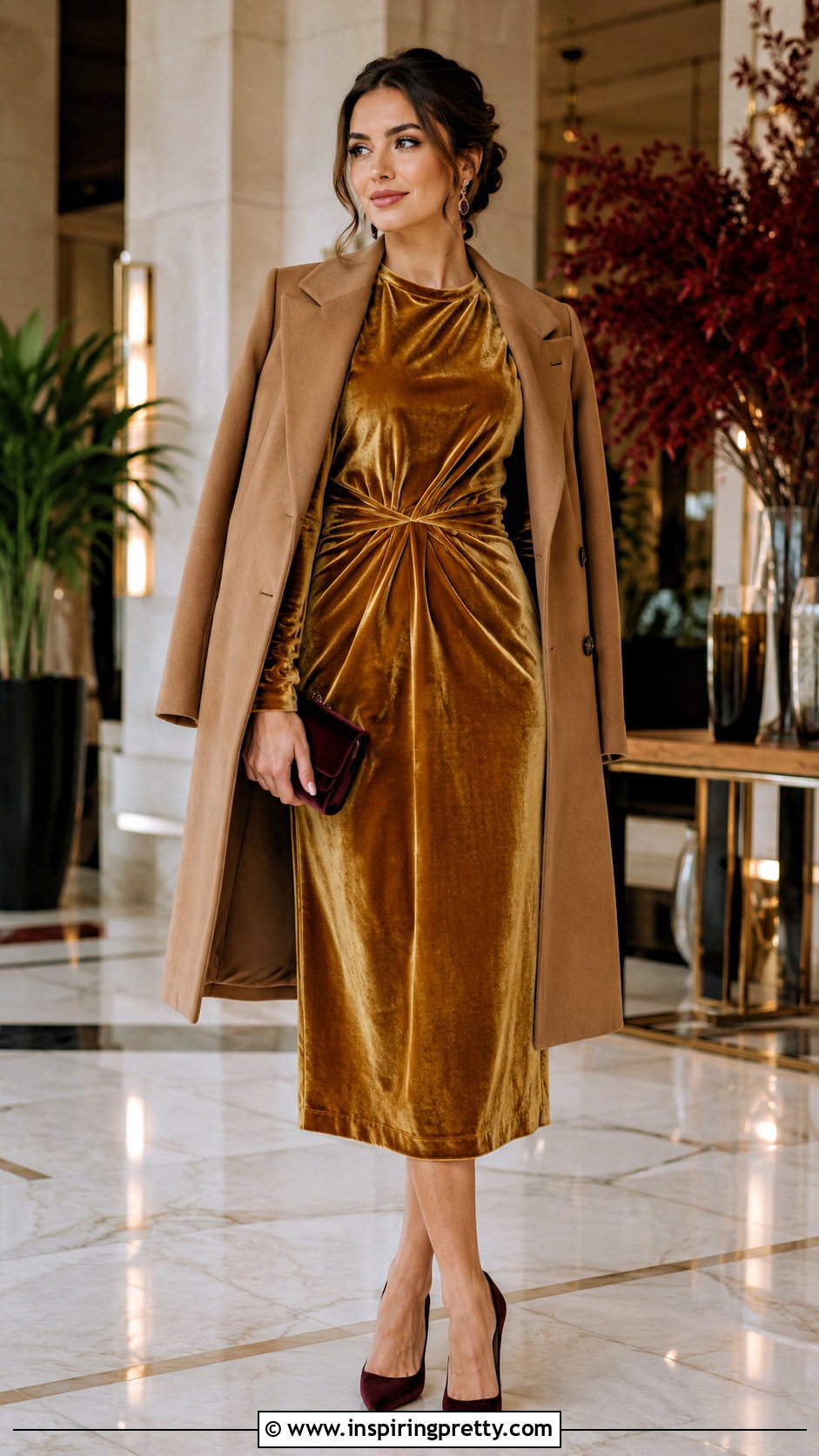Gold Velvet Dress With Burgundy Heels - 25 gold dress top outfit ideas