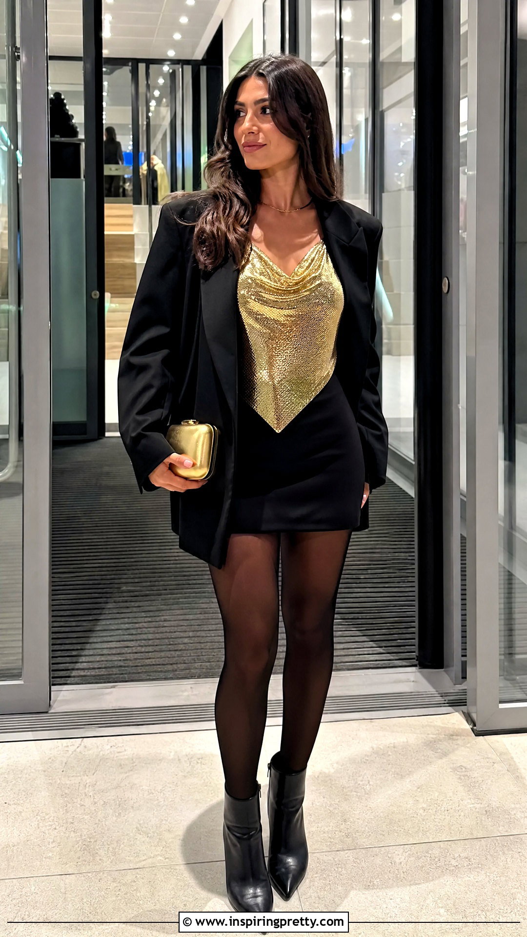 Gold Whiting And Davis Top With Black Mini Skirt - 20 Whiting And Davis Tops