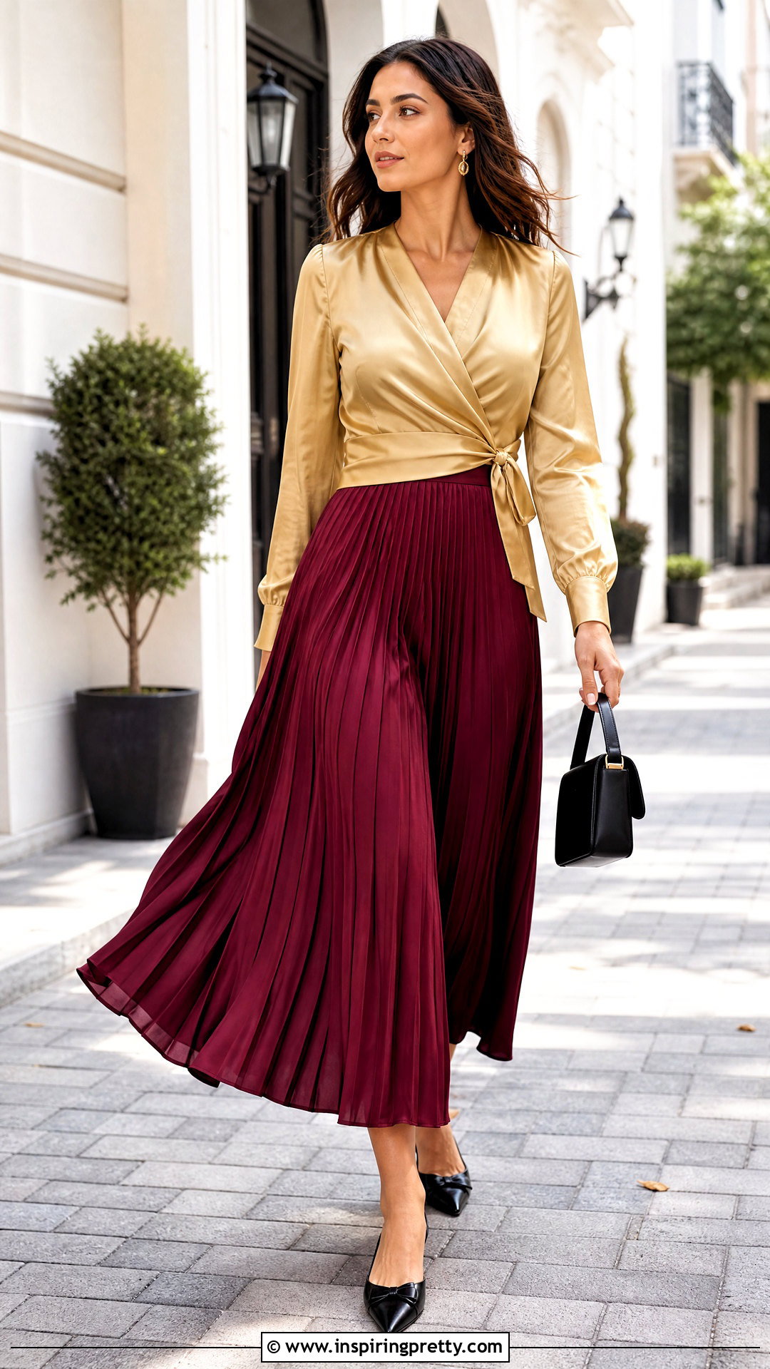 Gold Wrap Blouse With Pleated Skirt - 50 gold top outfit ideas