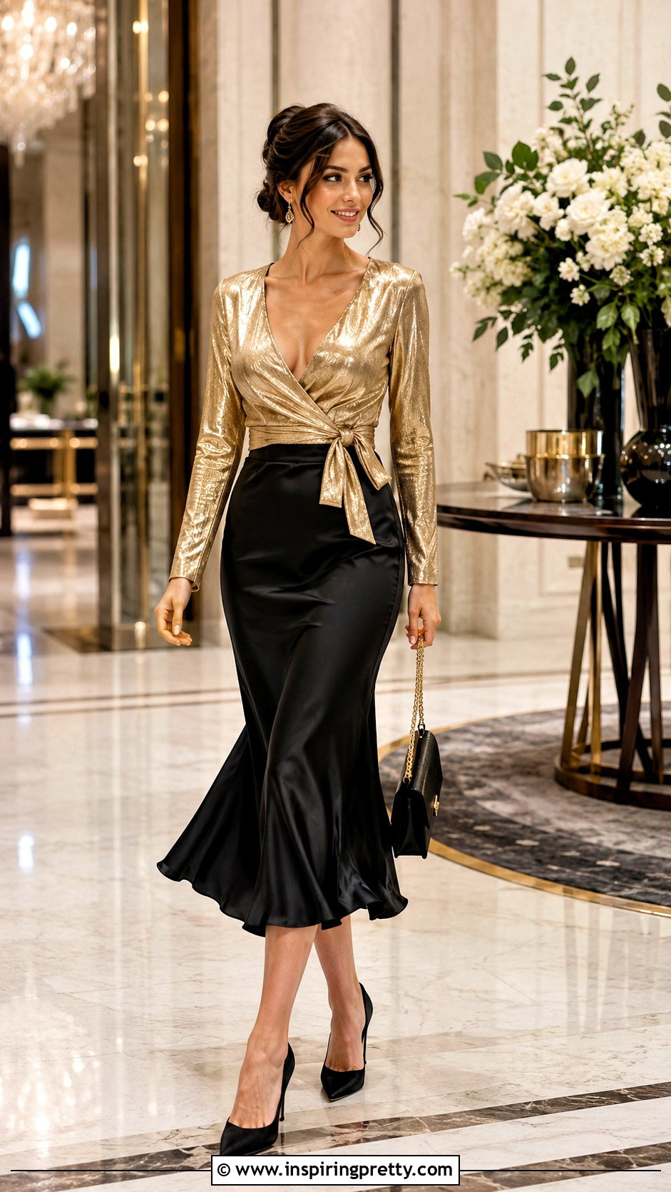Gold Wrap Top With Black Midi Skirt - 50 gold tops outfit ideas