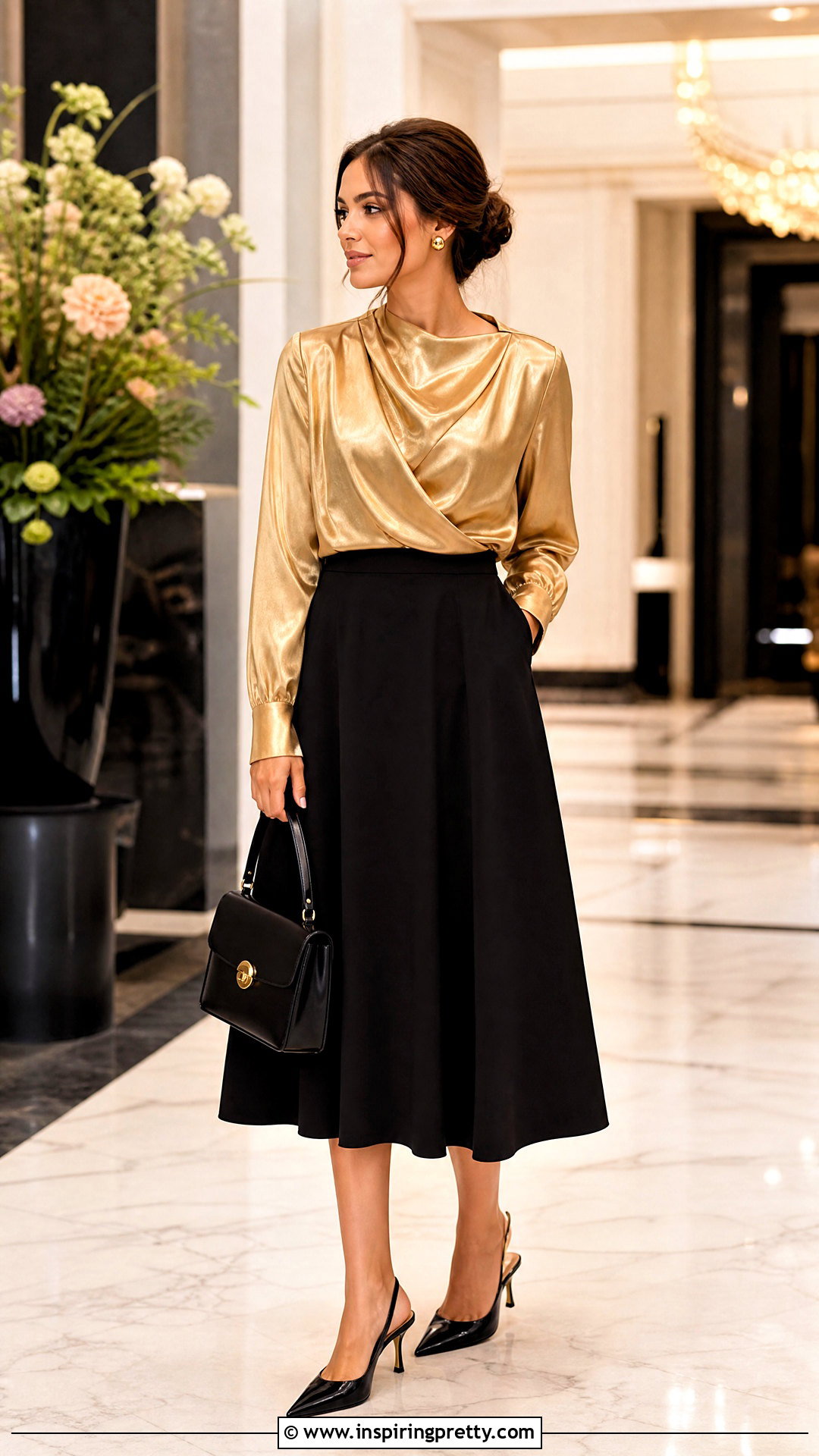 Golden Blouse With Black Midi Skirt - 50 golden top outfit ideas
