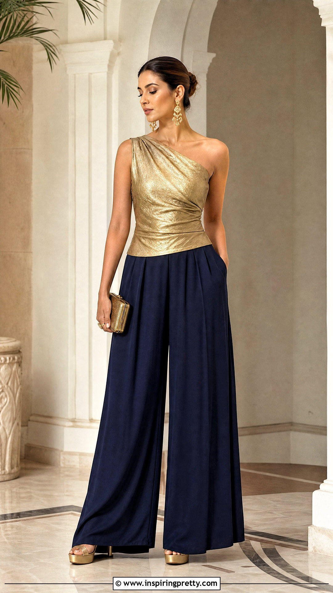 Golden One Shoulder Top With Palazzo Pants - 50 golden top outfit ideas
