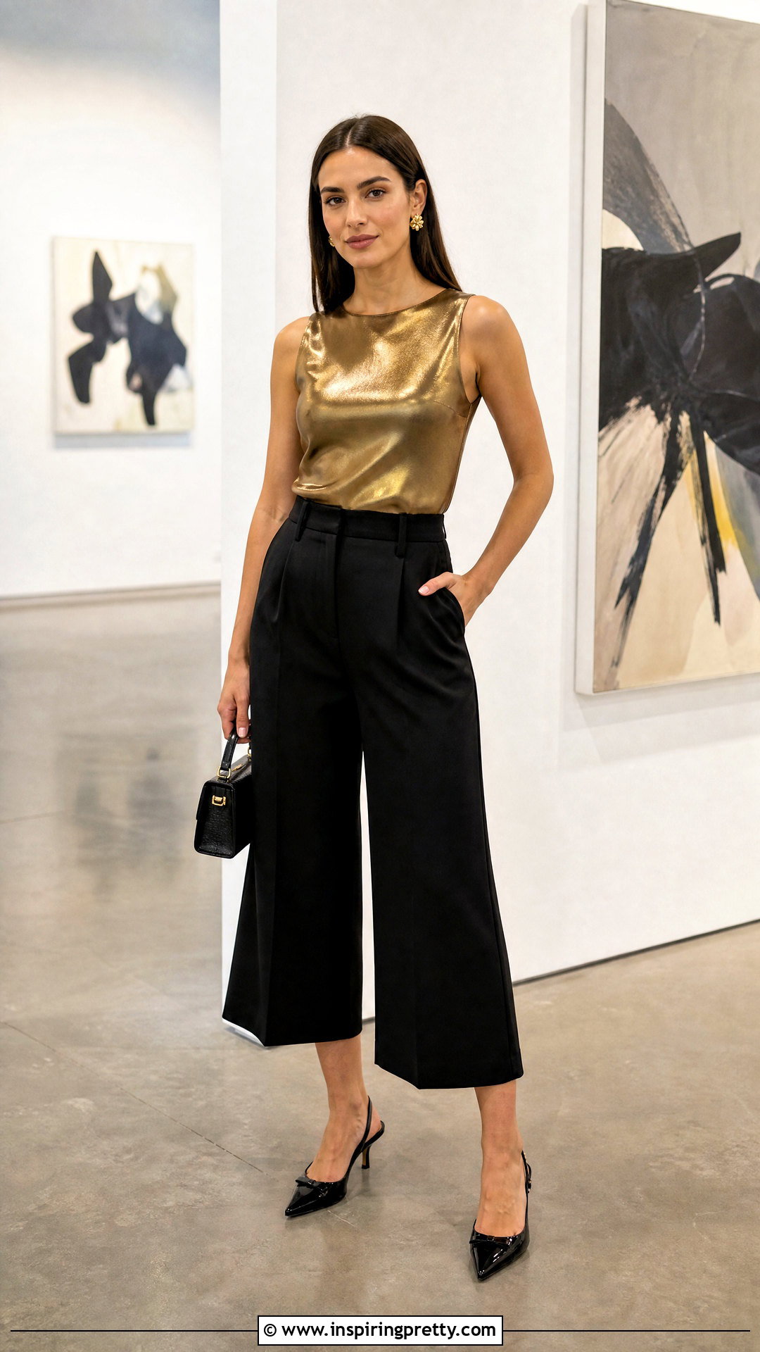 Golden Top With Black Culottes - 50 golden top outfit ideas