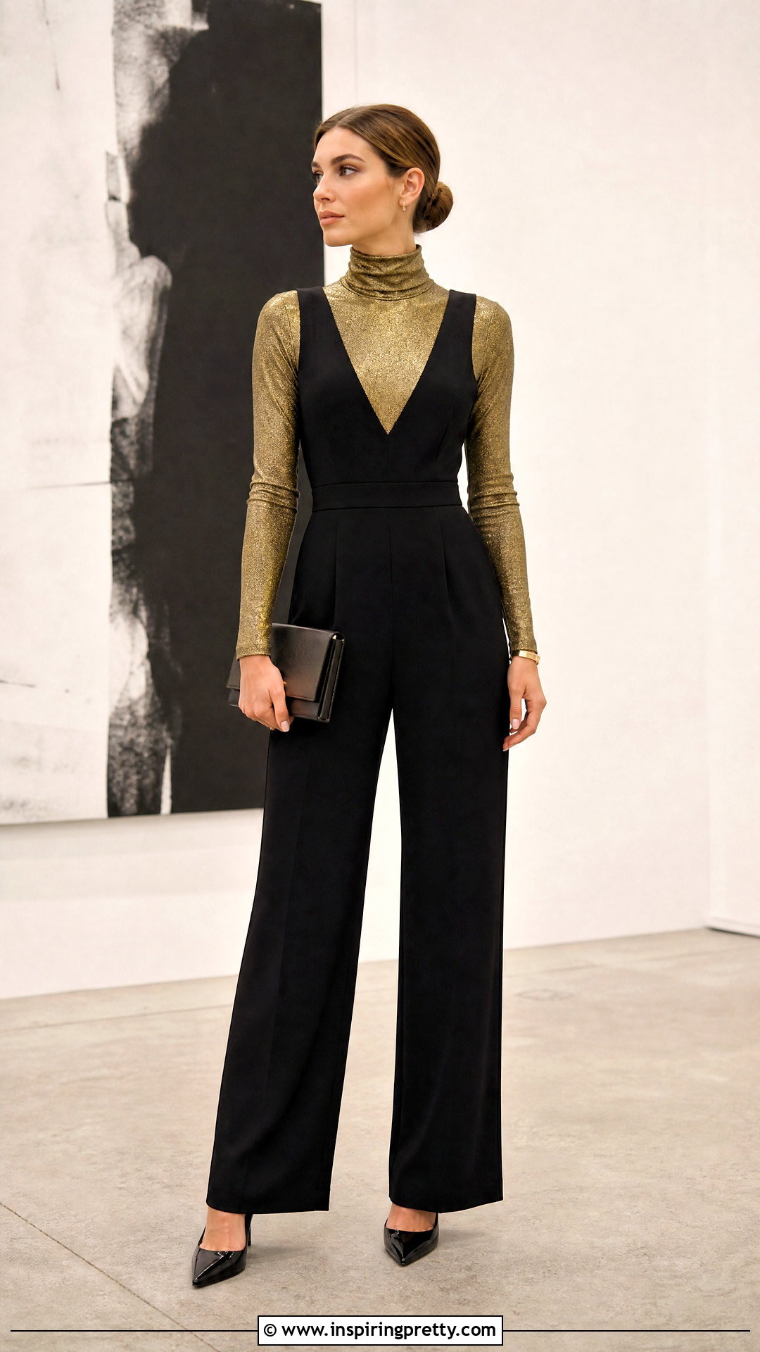 Golden Top With Black Jumpsuit Layering - 50 golden top outfit ideas