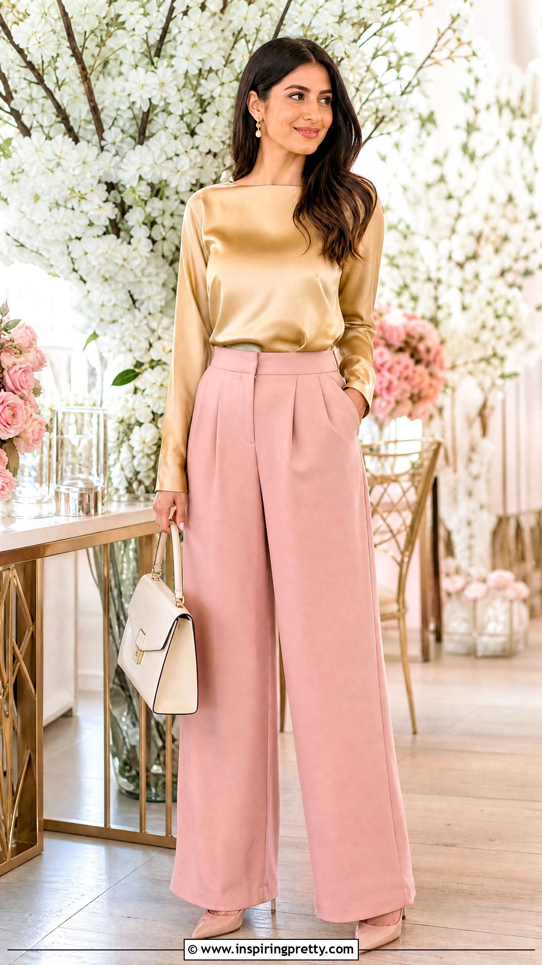 Golden Top With Blush Pink Trousers - 50 golden top outfit ideas